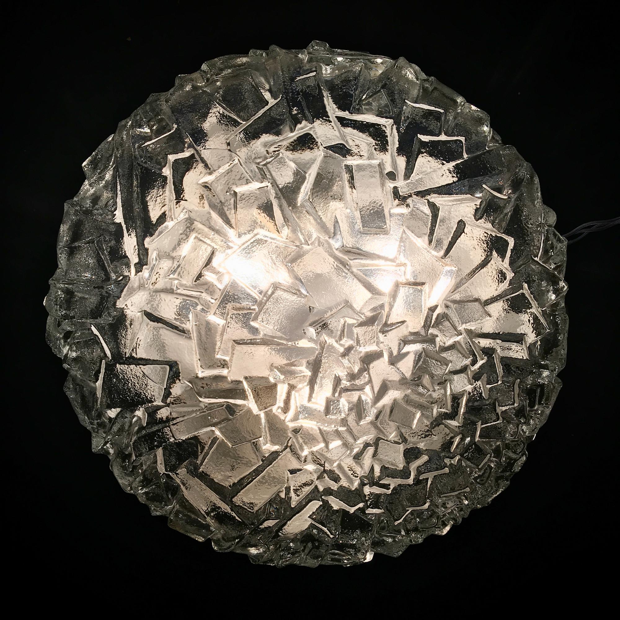 Mid-Century Modern Circular Glass Flush Mount with Ice Block Pattern by Kaiser, Germany, 1970s
