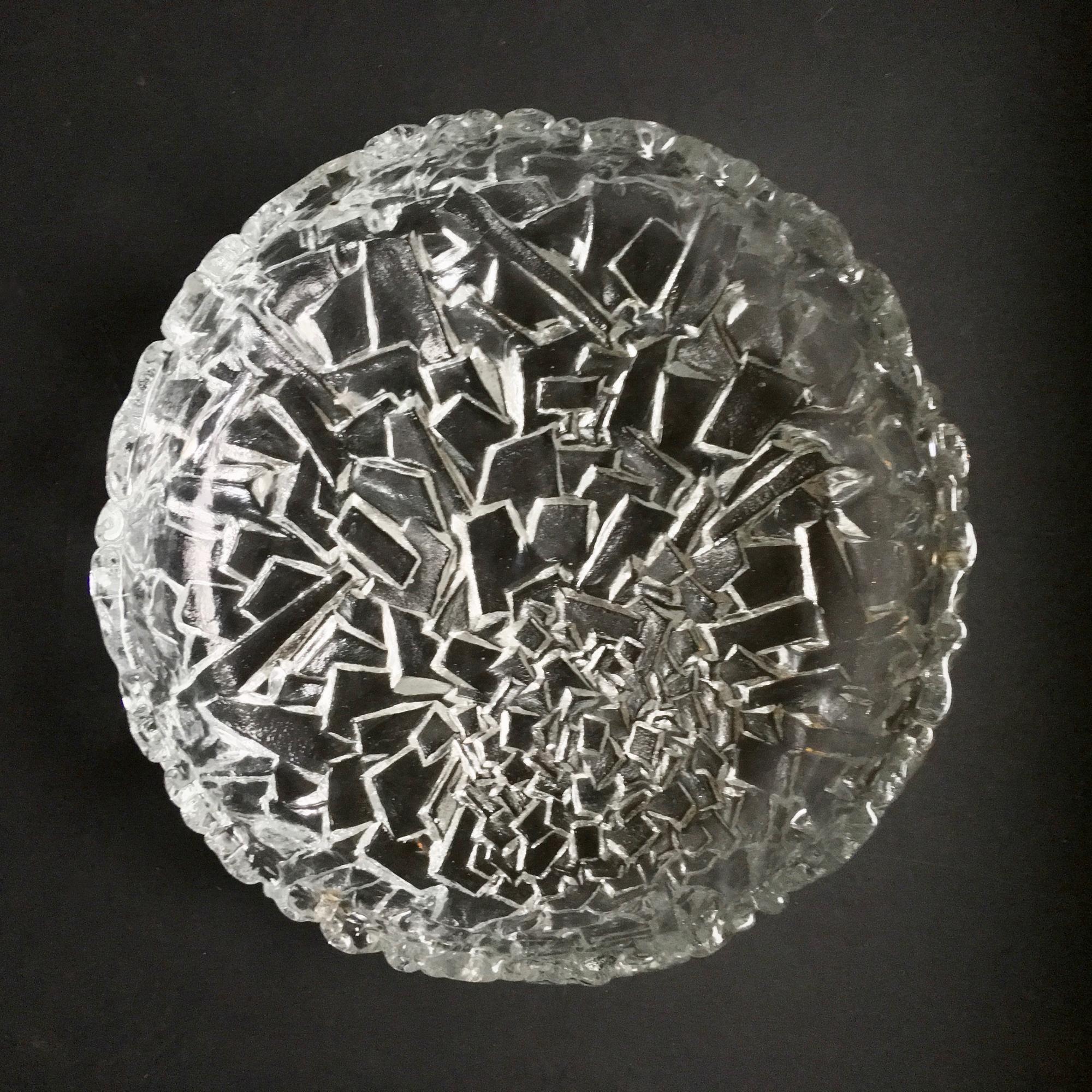 Metal Circular Glass Flush Mount with Ice Block Pattern by Kaiser, Germany, 1970s For Sale