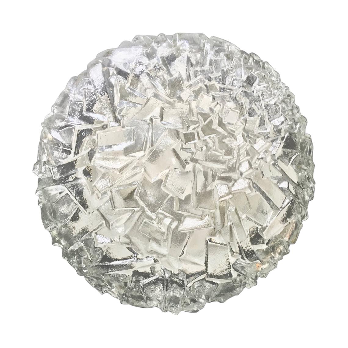 Circular Glass Flush Mount with Ice Block Pattern by Kaiser, Germany, 1970s For Sale