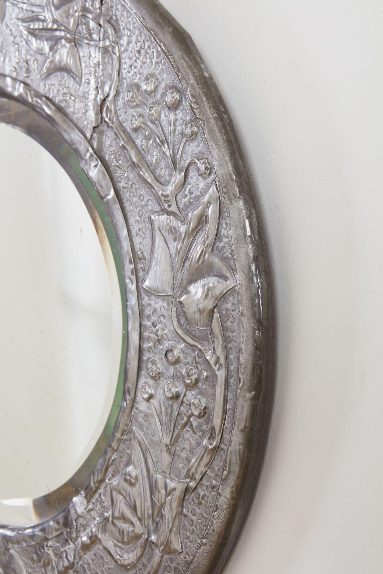 Arts and Crafts Circular Grapevine Mirror with Blue Cabuchon For Sale