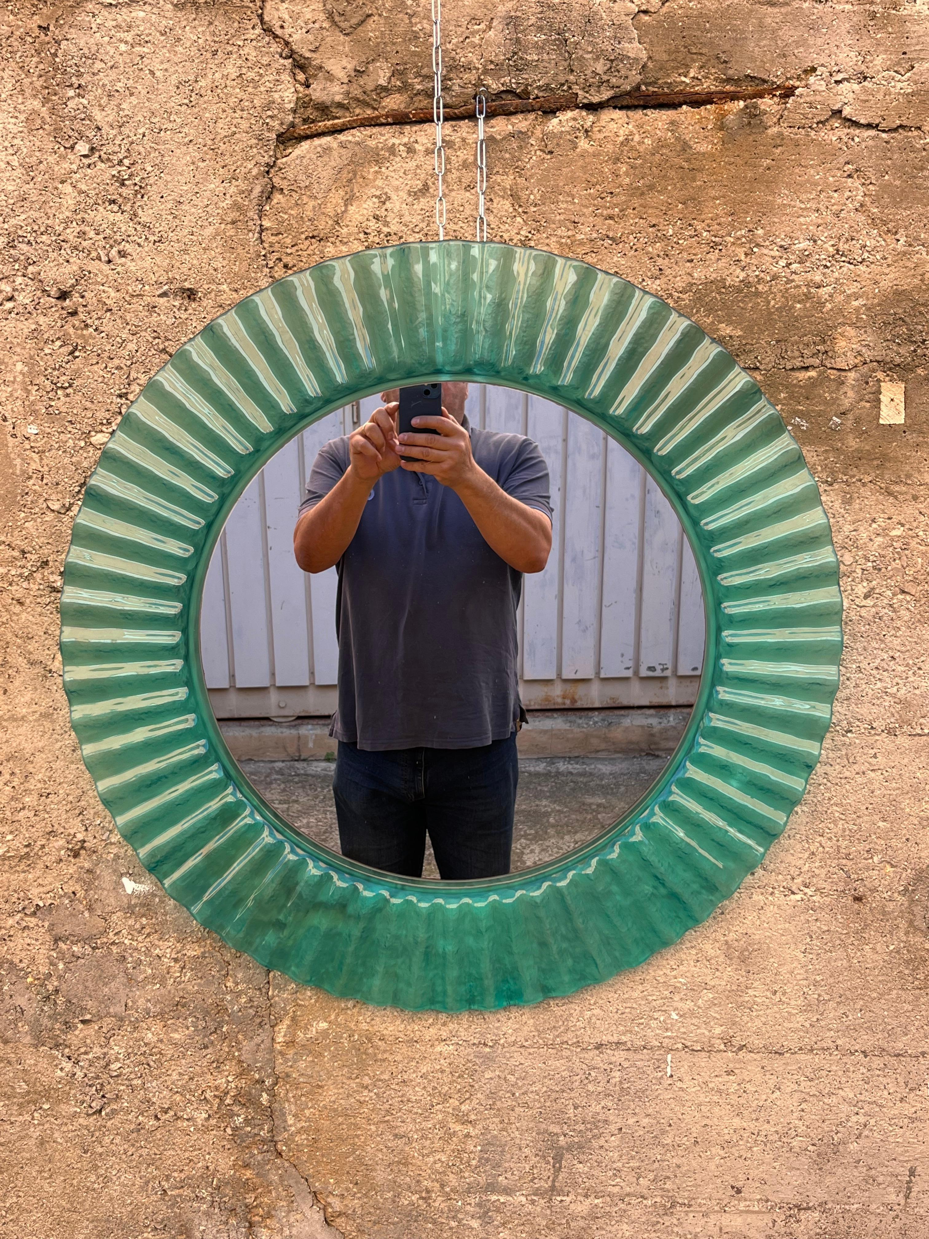 Late 20th Century Circular Green Acrylic Wall Mirror 1970s, Old Warehouse Stock For Sale