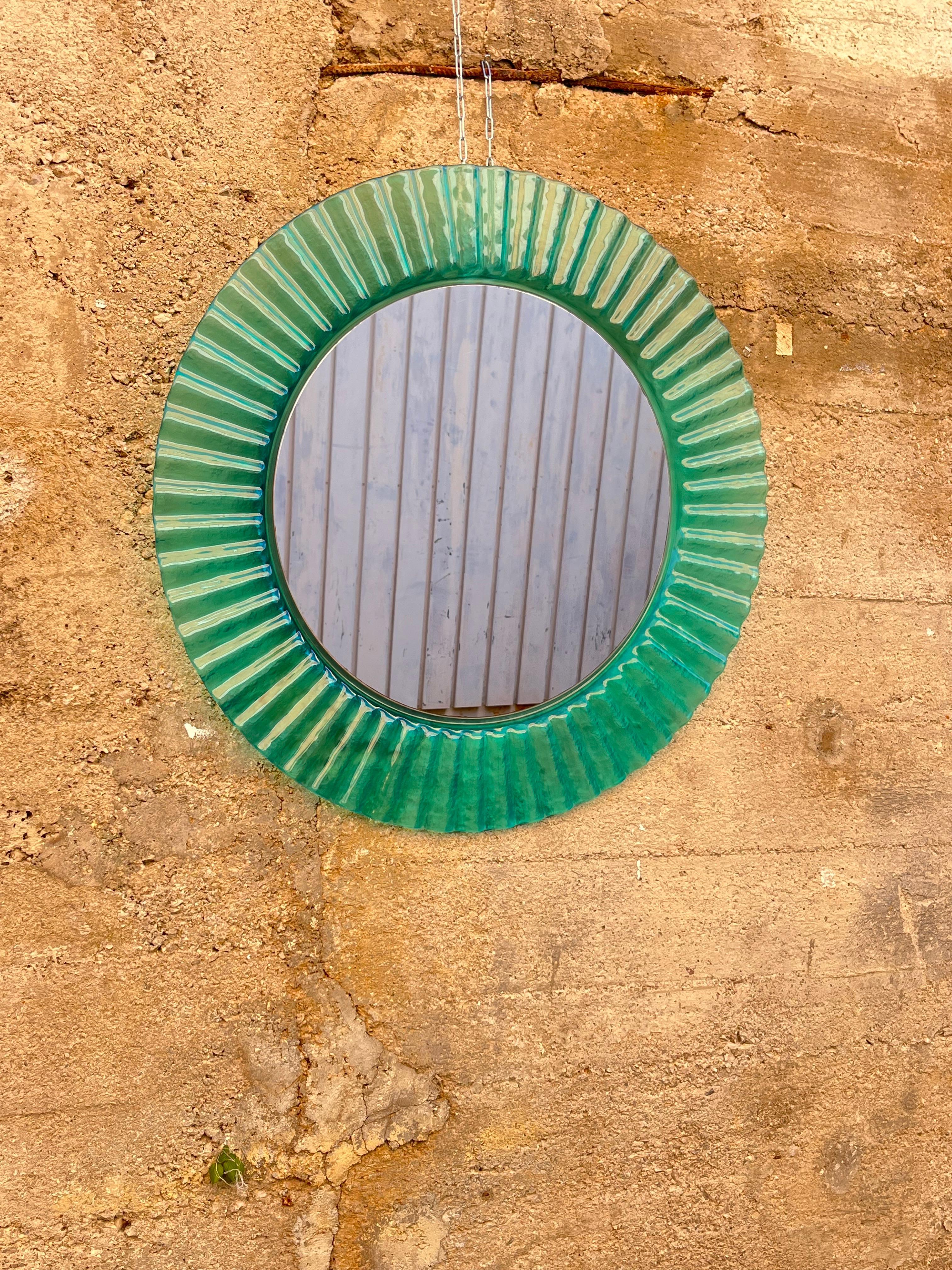 Circular Green Acrylic Wall Mirror 1970s, Old Warehouse Stock For Sale 1