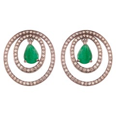 Circular Grid Diamond & Emerald Earrings