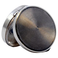 Circular guilloche silver pill box with hinged lid