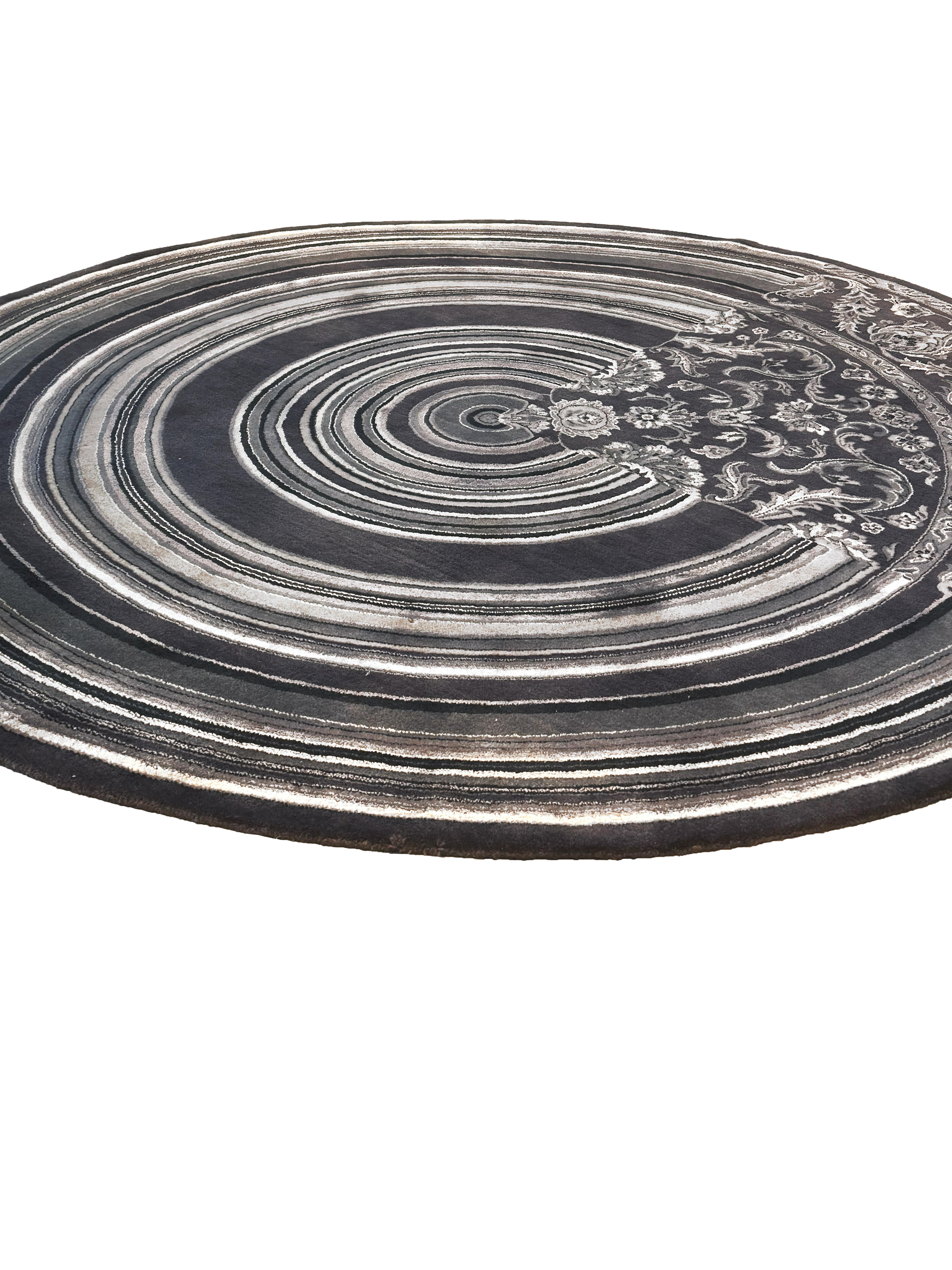 Noué à la main Tapis circulaire en laine gris et blanc noué à la main par Richard Hutten, 2010 en vente