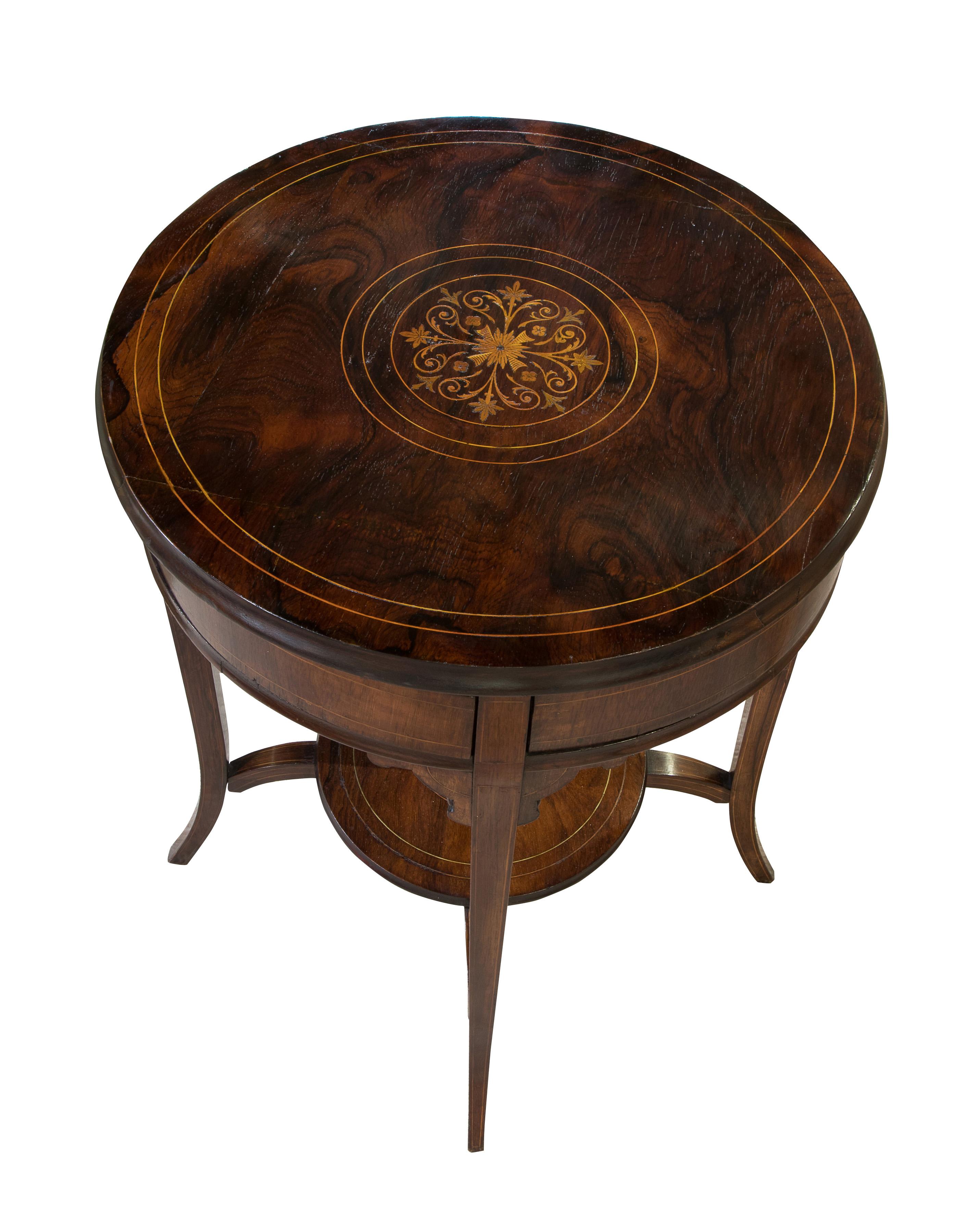 Victorian Circular Inlaid Drum Table with Rotating Top to Reveal Four Drawers For Sale