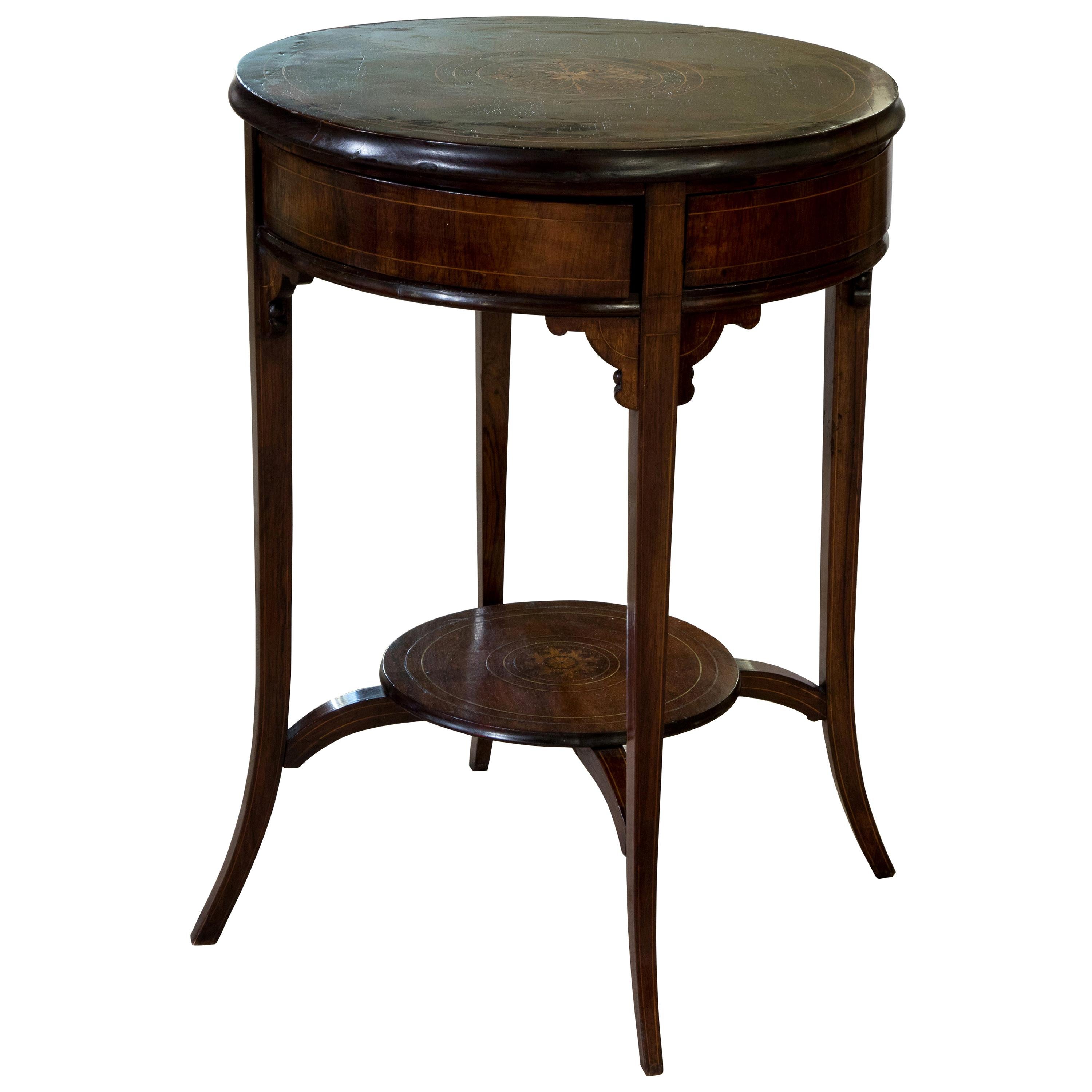 Circular Inlaid Drum Table with Rotating Top to Reveal Four Drawers For Sale