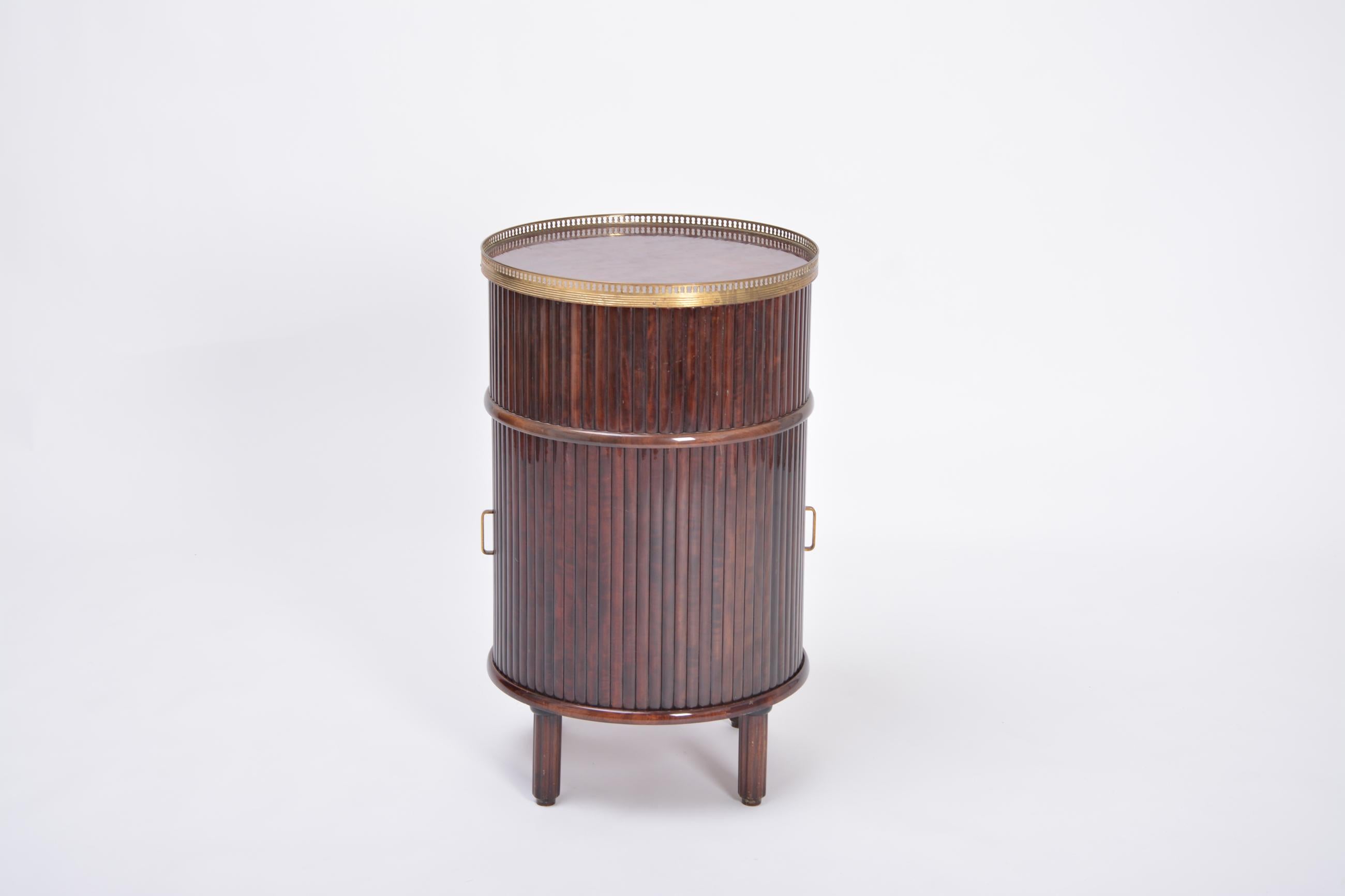 Mid-Century Modern Circular Italian Mid-Century Bar Cabinet with Sliding Doors and Swiveling Tray