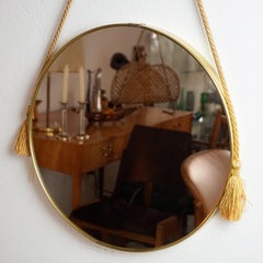 Circular Italian Midcentury Wall Mirror with Brass Frame and Satin Cord