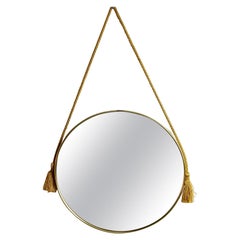 Circular Italian Midcentury Wall Mirror with Brass Frame and Satin Cord
