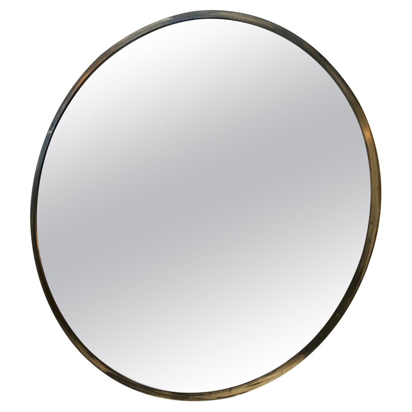Circular Italian Mirror in Patinated Brass, 1950s