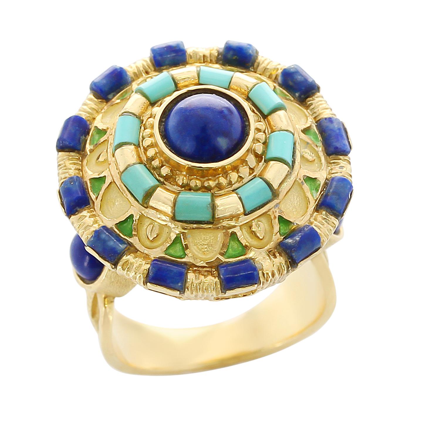 A Circular Lapis and Turquoise Artistic Statement Ring, with Green Enamel and 18 Karat Yellow Gold. Total Weight: 19.50 grams, Ring Size US 8.