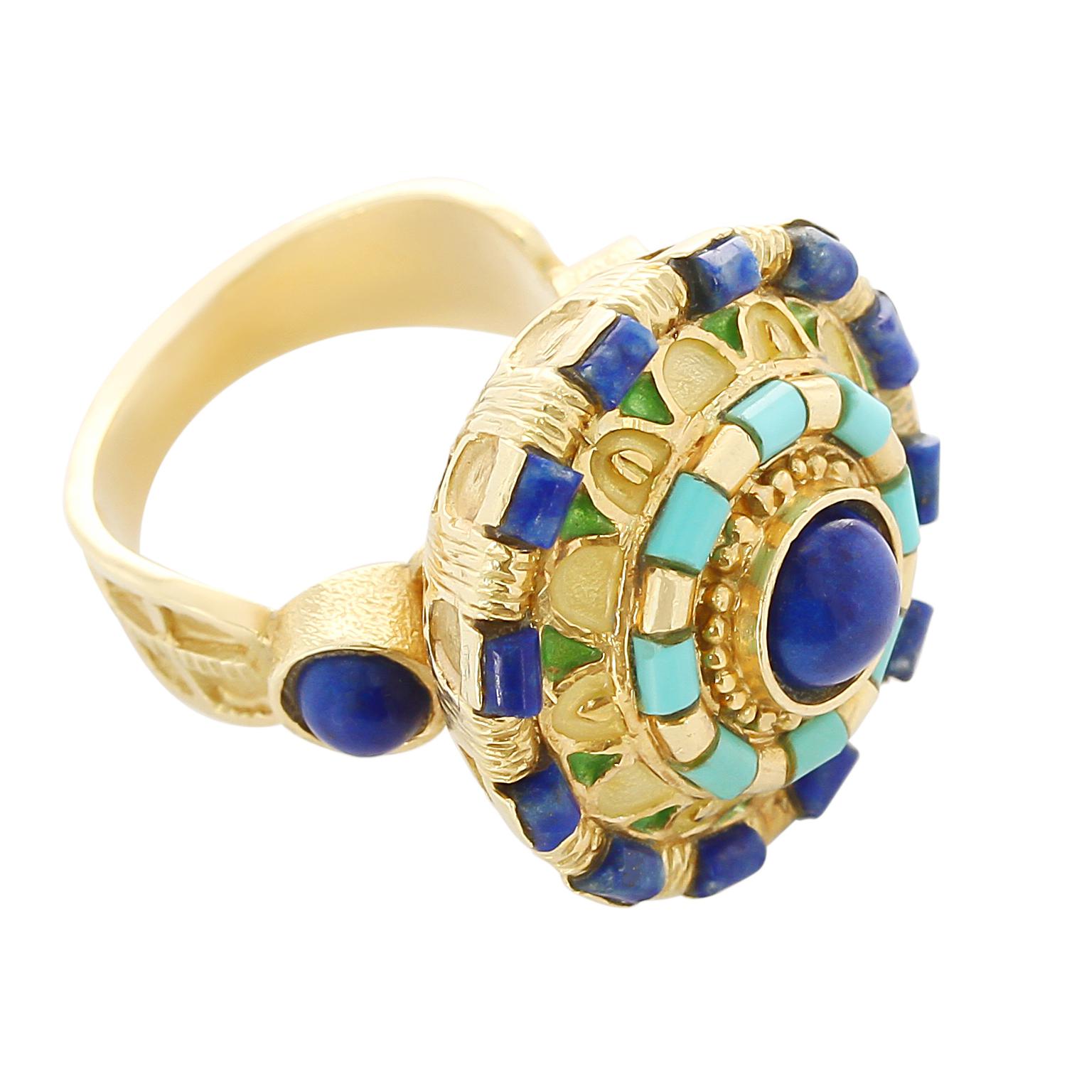 Cabochon Circular Lapis and Turquoise Statement Ring, Enamel and 18 Karat Yellow Gold