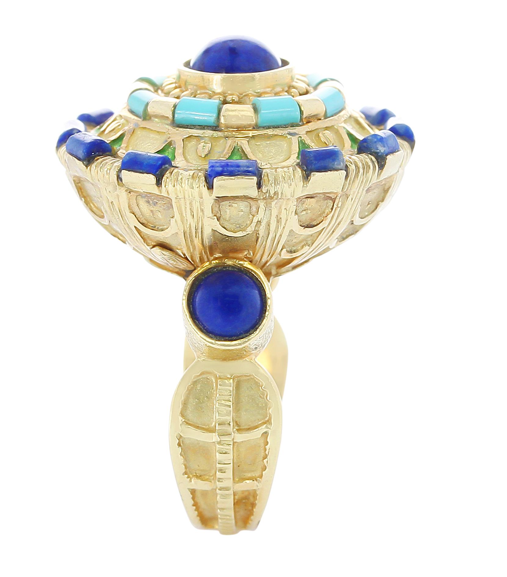 Circular Lapis and Turquoise Statement Ring, Enamel and 18 Karat Yellow Gold In Good Condition In New York, NY