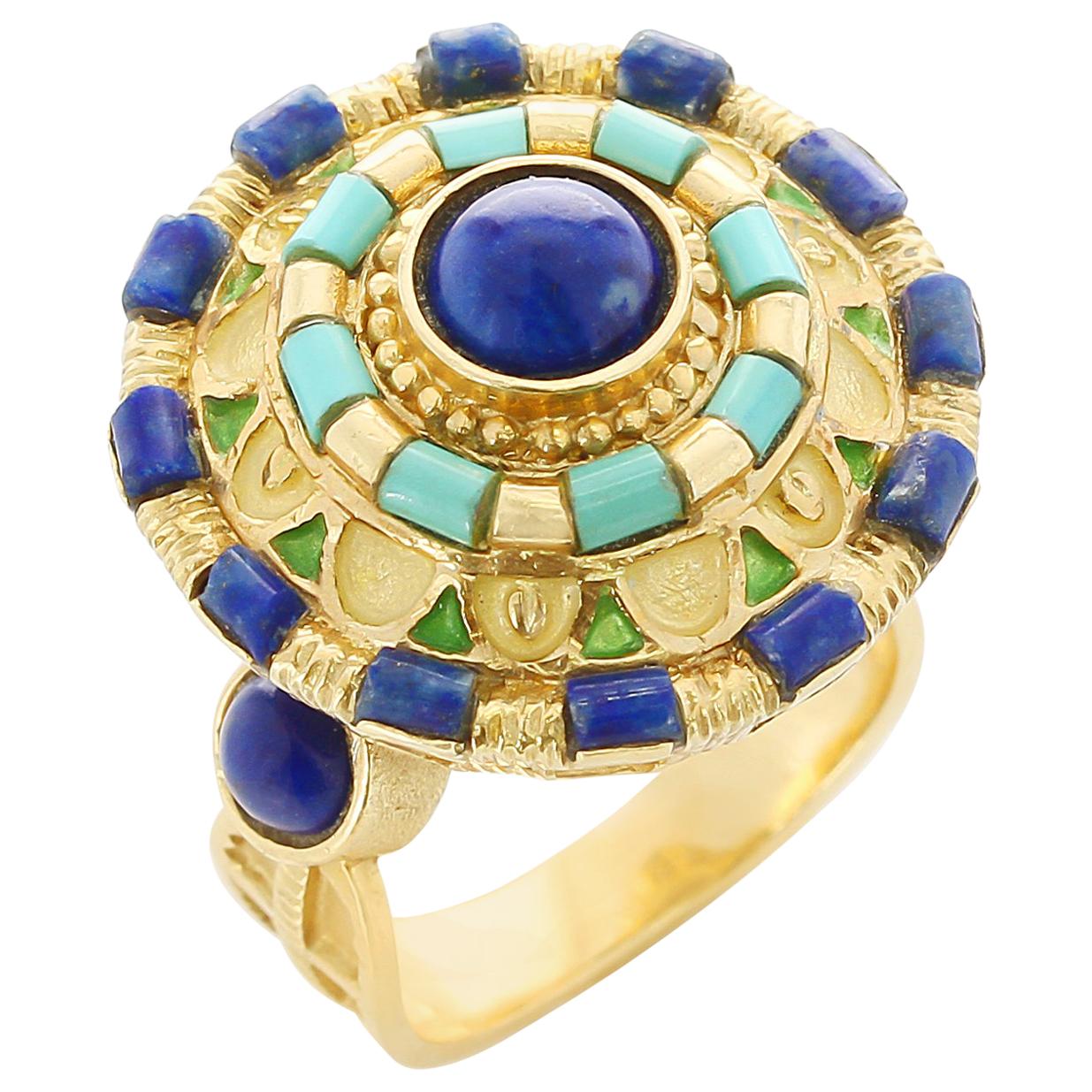 Circular Lapis and Turquoise Statement Ring, Enamel and 18 Karat Yellow Gold