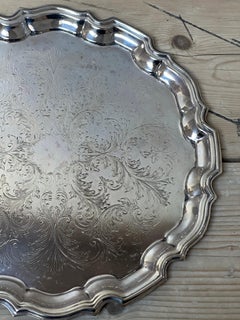 Circular Large Silver Plate Scalloped Edge Tray, 20th Century, England
