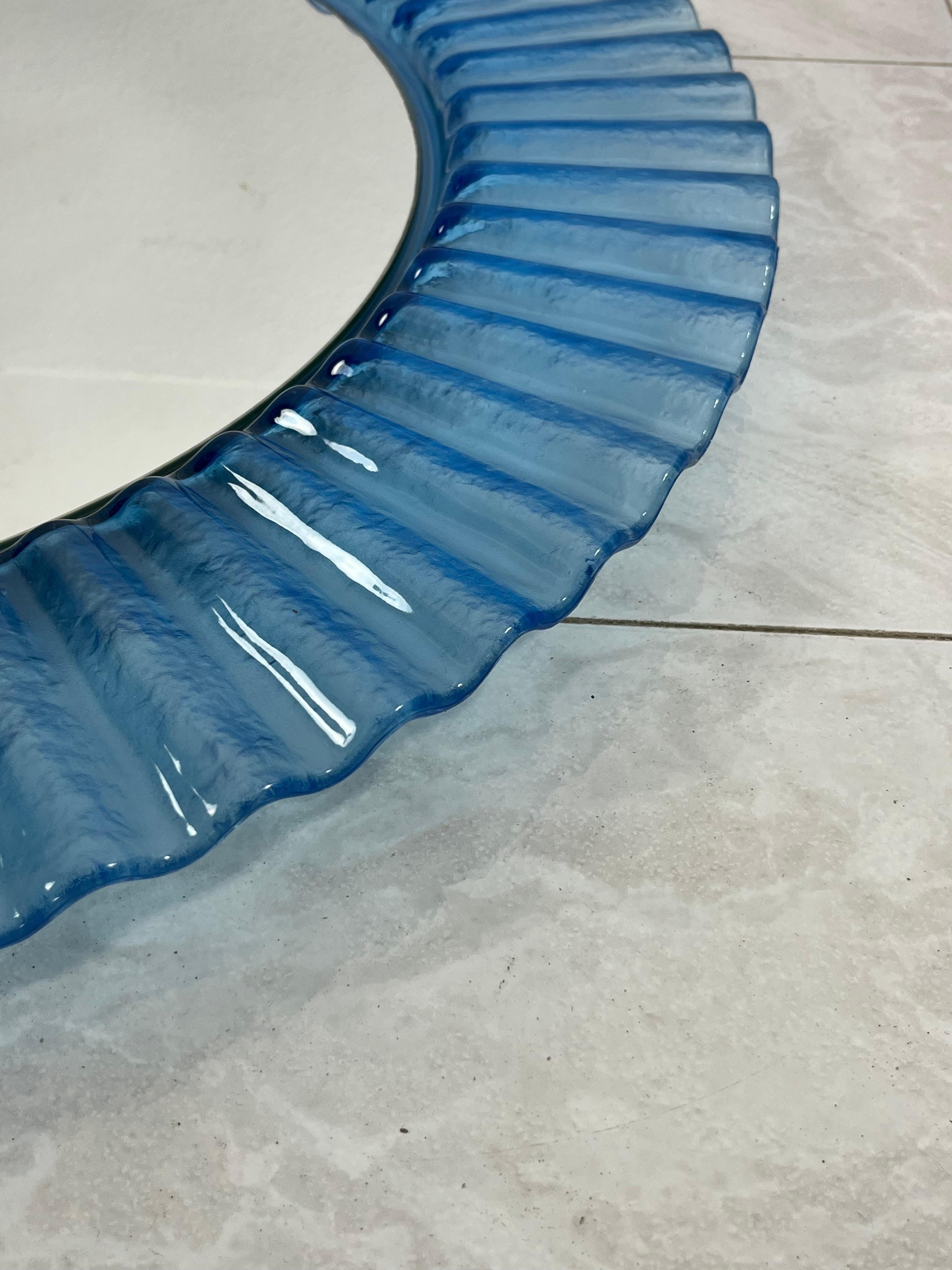 Italian Circular Light Blue Acrylic Wall Mirror 1970s, Old Warehouse Stock For Sale