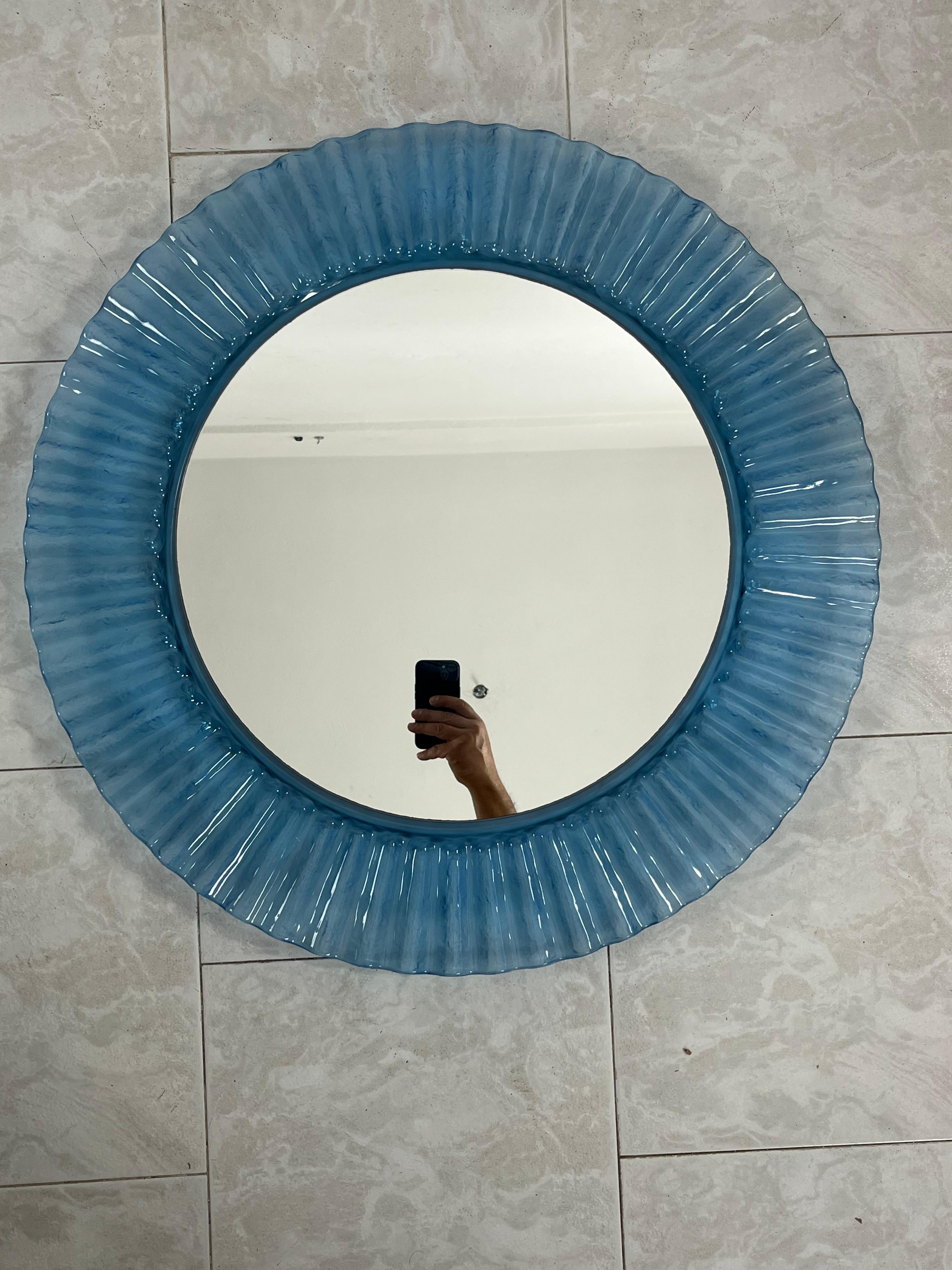 Circular Light Blue Acrylic Wall Mirror 1970s, Old Warehouse Stock In Excellent Condition For Sale In Palermo, IT