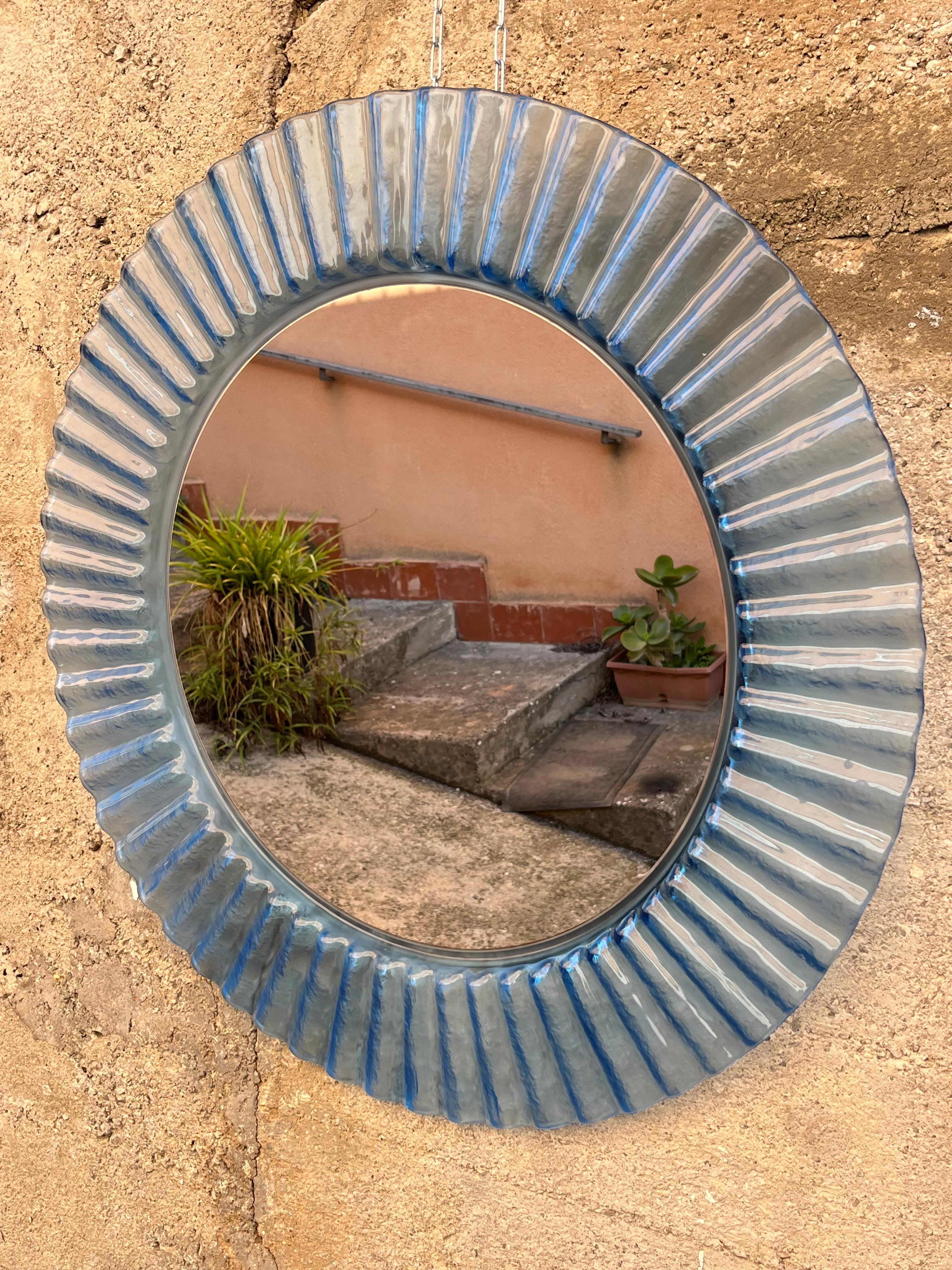 Late 20th Century Circular Light Blue Acrylic Wall Mirror 1970s, Old Warehouse Stock For Sale