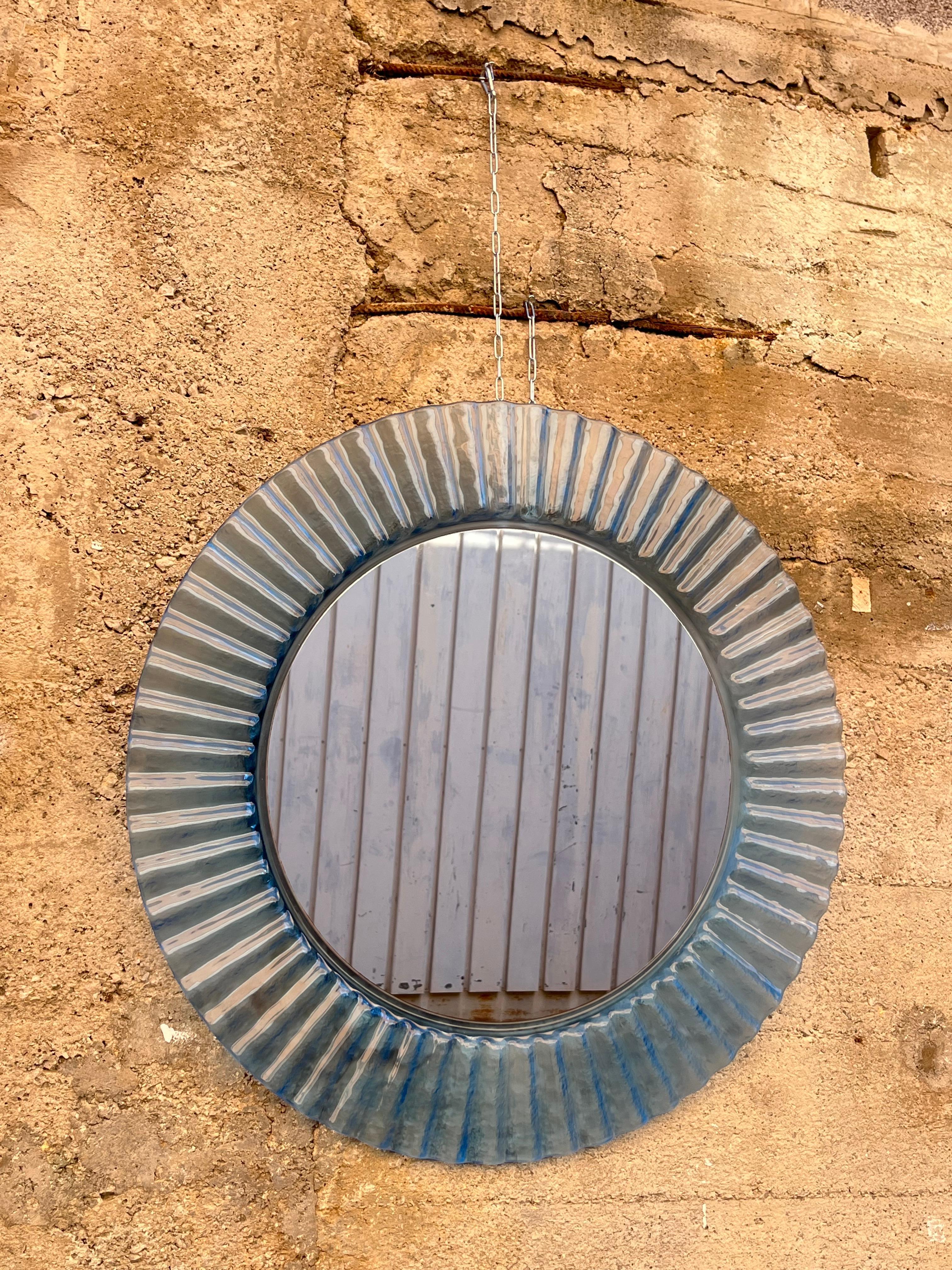 Circular Light Blue Acrylic Wall Mirror 1970s, Old Warehouse Stock For Sale 1