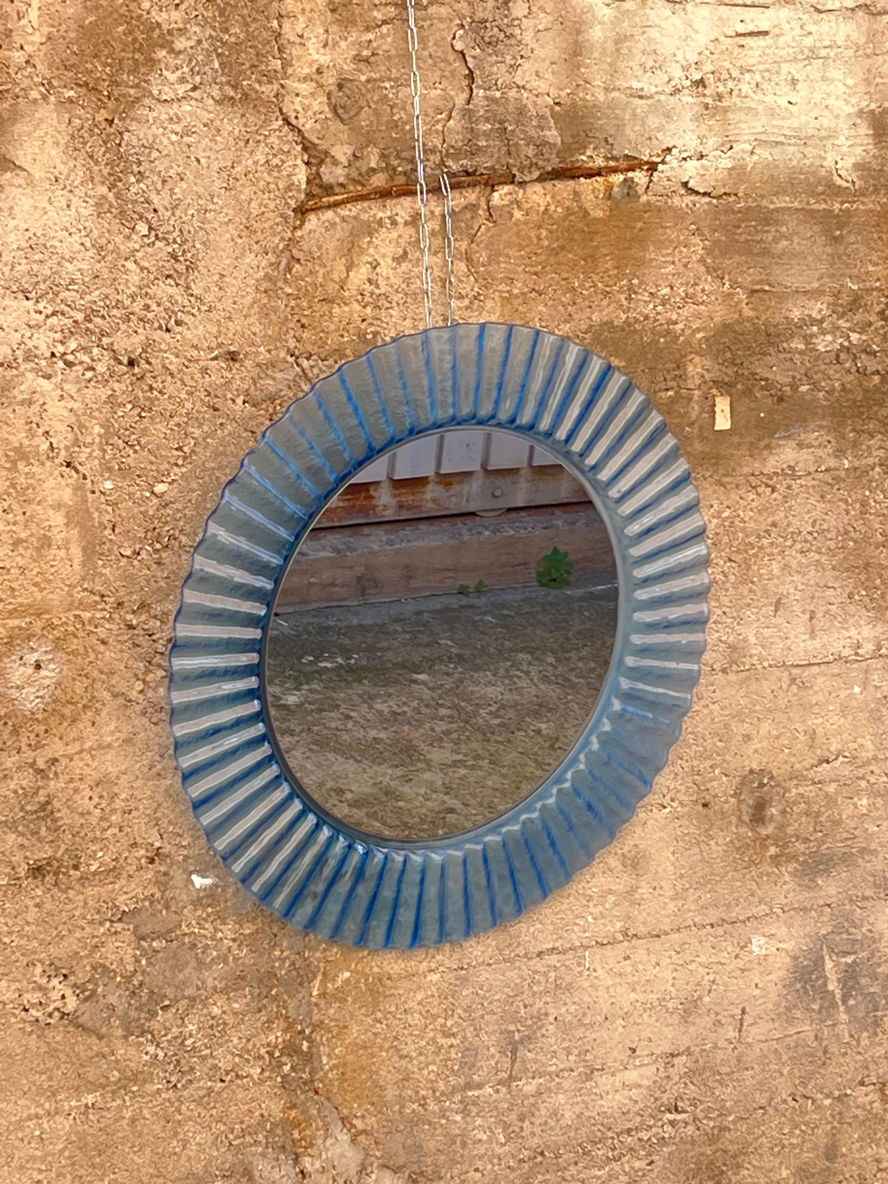 Circular Light Blue Acrylic Wall Mirror 1970s, Old Warehouse Stock For Sale 2