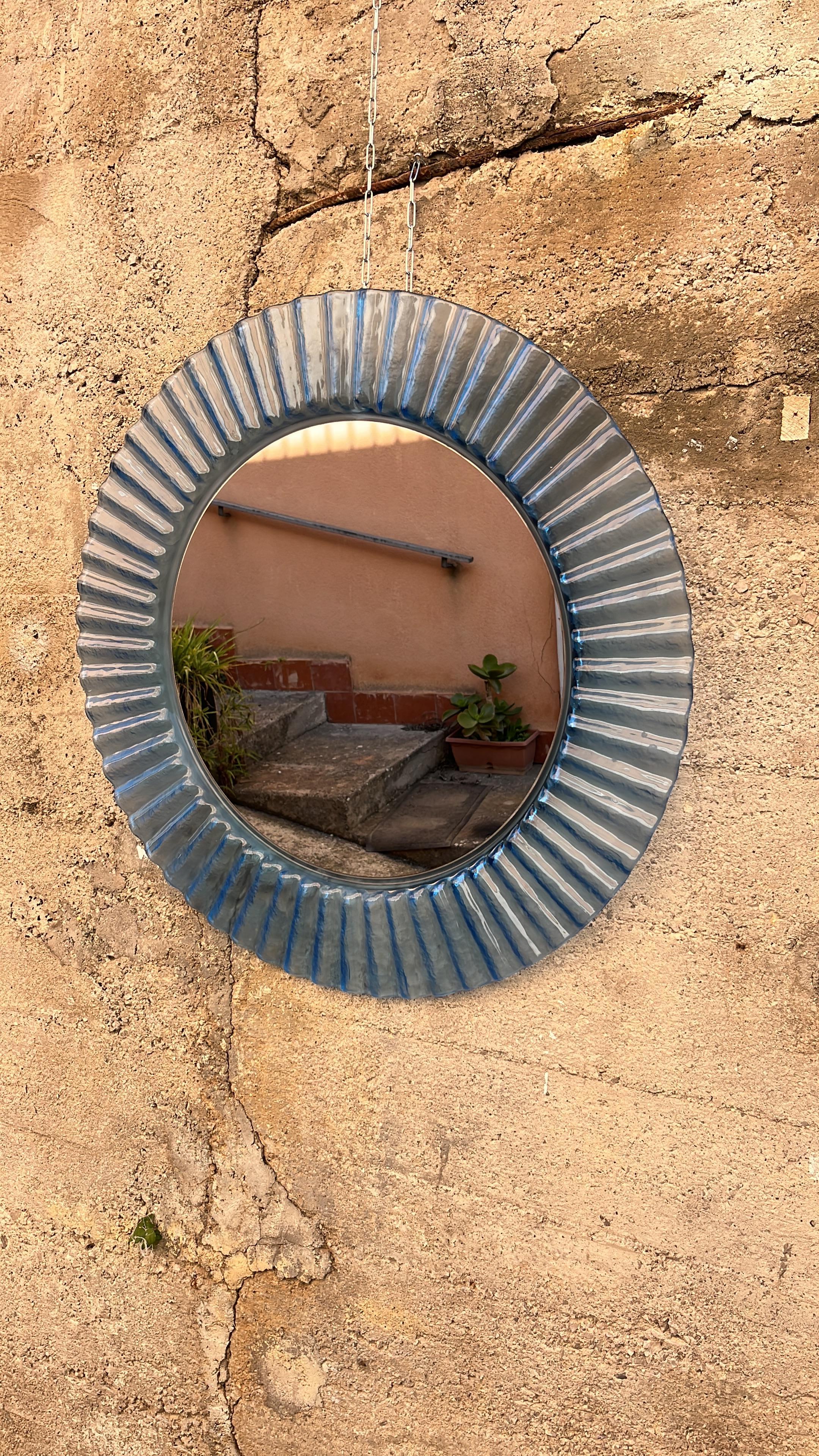 Circular Light Blue Acrylic Wall Mirror 1970s, Old Warehouse Stock For Sale 3