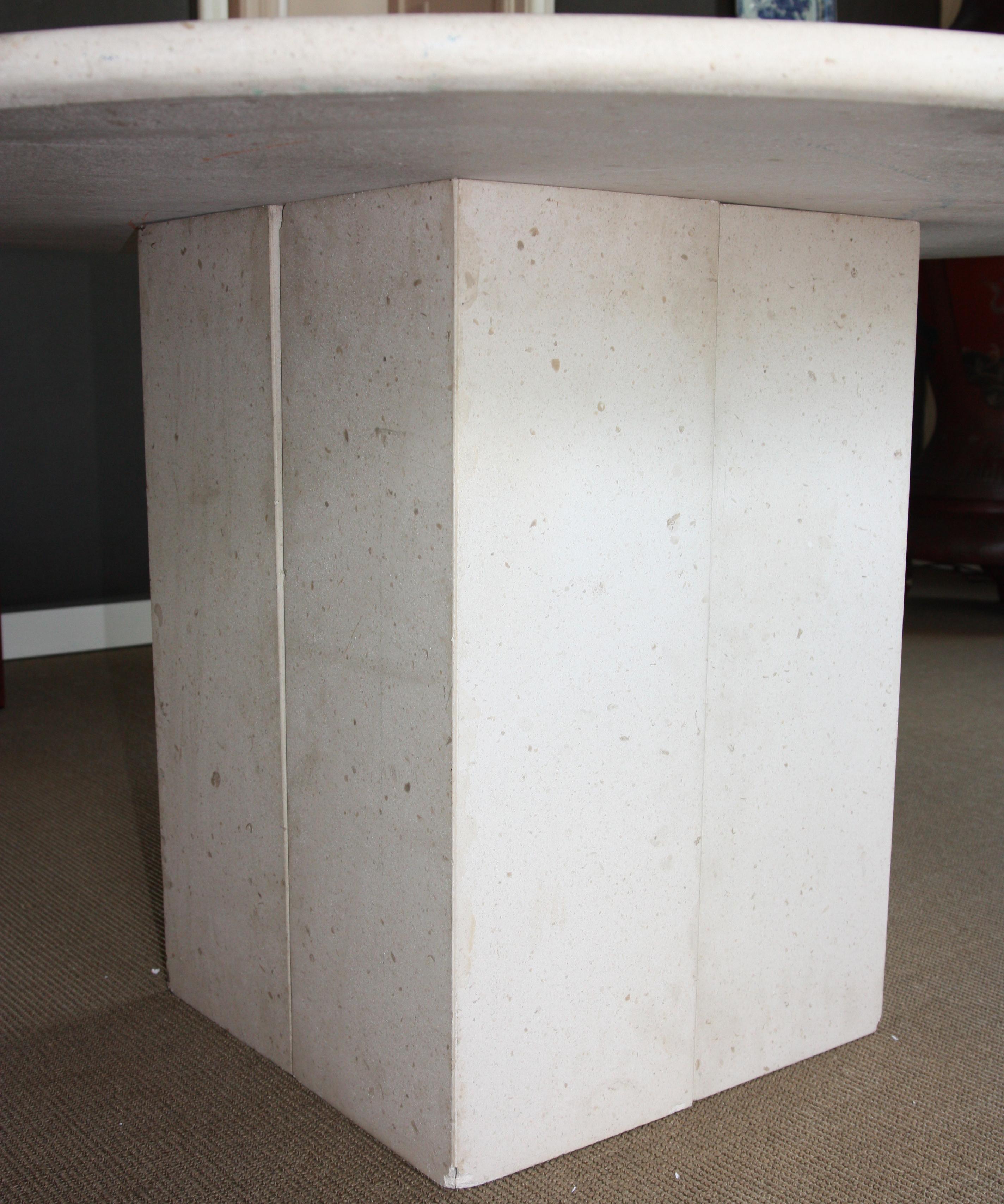 Circular Limestone Table With Modular Square Base In Fair Condition For Sale In San Antonio, TX