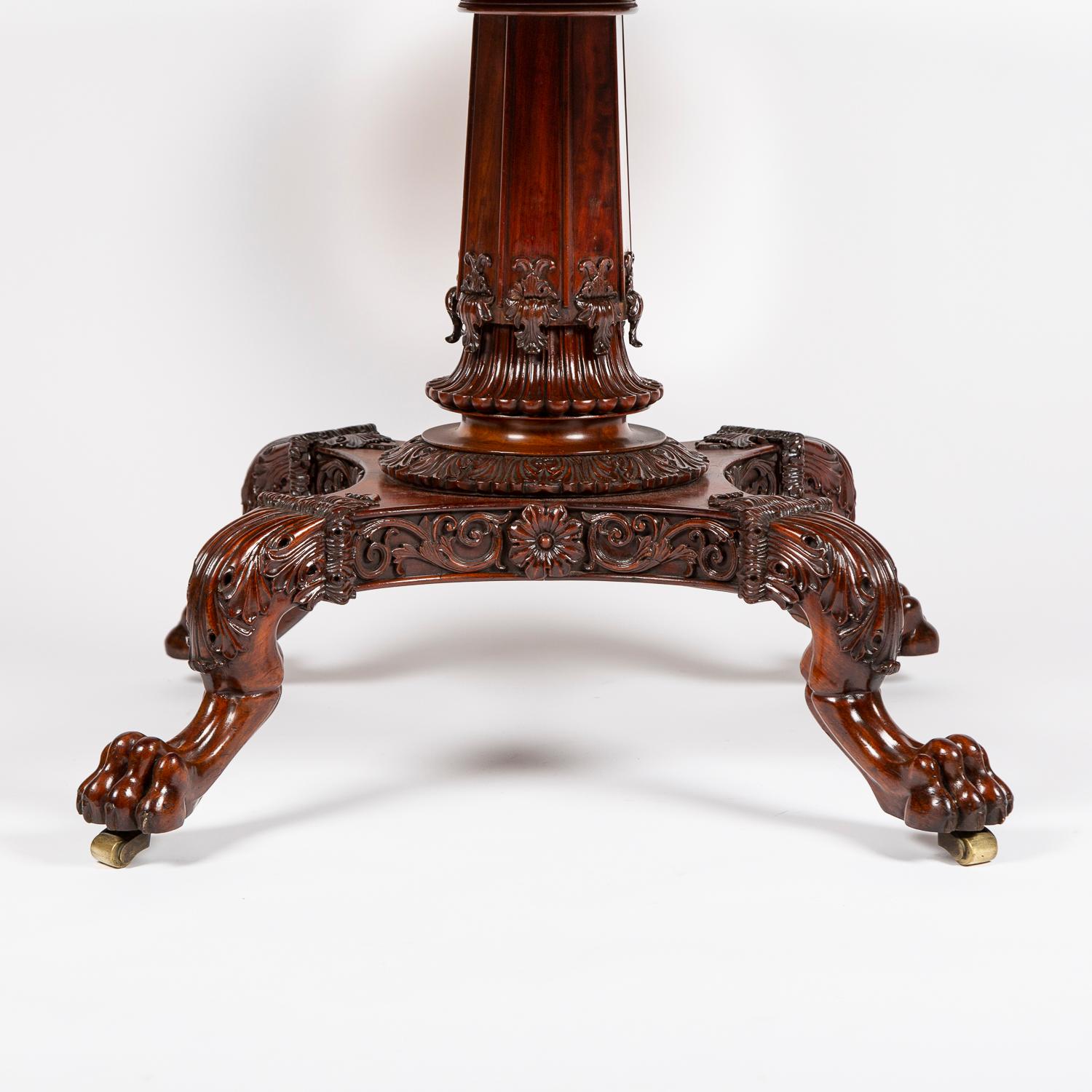 A finely carved mahogany center table, Danish, circa 1840.

Circular top with carved frieze, mounted on an octagonal column and base supported by four claw feet, each foot has a large brass castor.
 