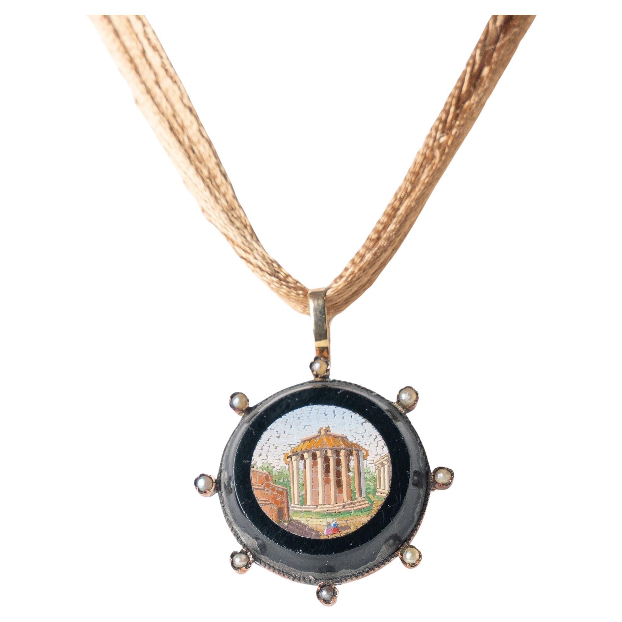 Circular micro mosaic pendant necklace of the Temple of Vesta, 1830-40 For Sale