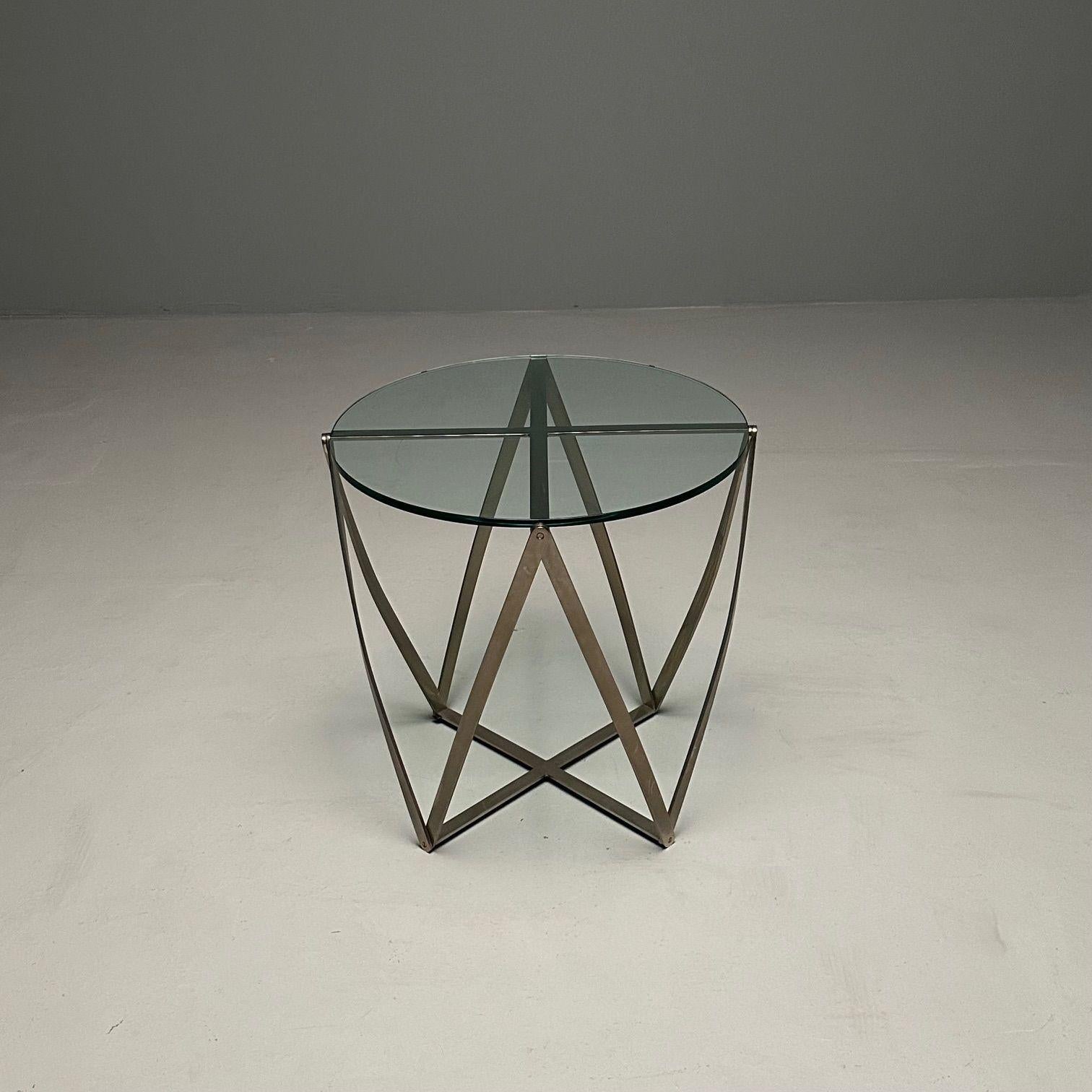 Circular Mid-Century Modern Aluminum Side / End Table by John Vesey, Sculptural
 
The 'Spool' table by John Vesey designed and produced in the United States, c. 1970s. This table is based on a 19th century wool winder, used in the production of