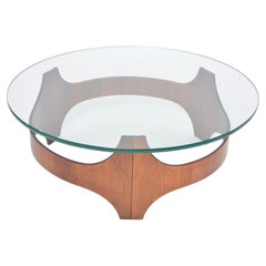 Runder Midcentury Couchtisch mit Holzfuß und Glasplatte