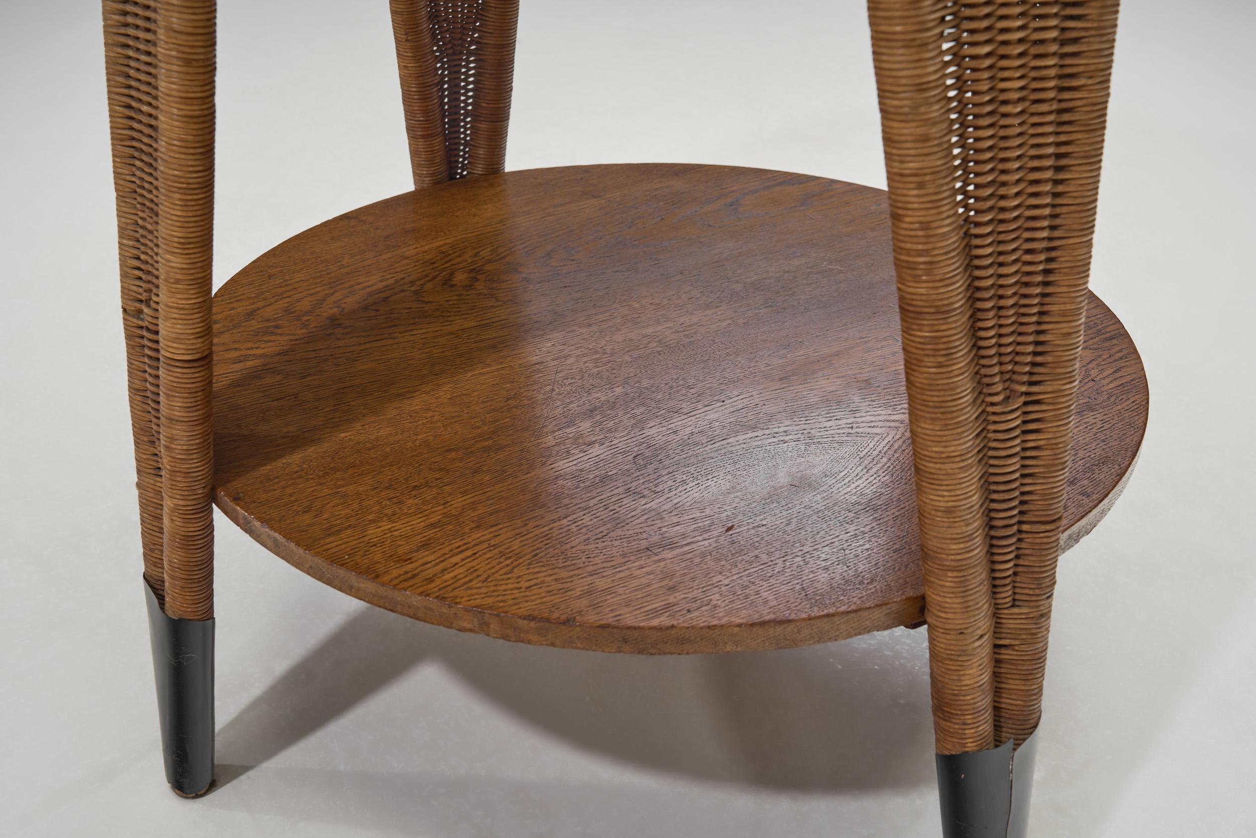 Circular Oak Coffee Table With Wicker Legs, Europe 20th Century 5