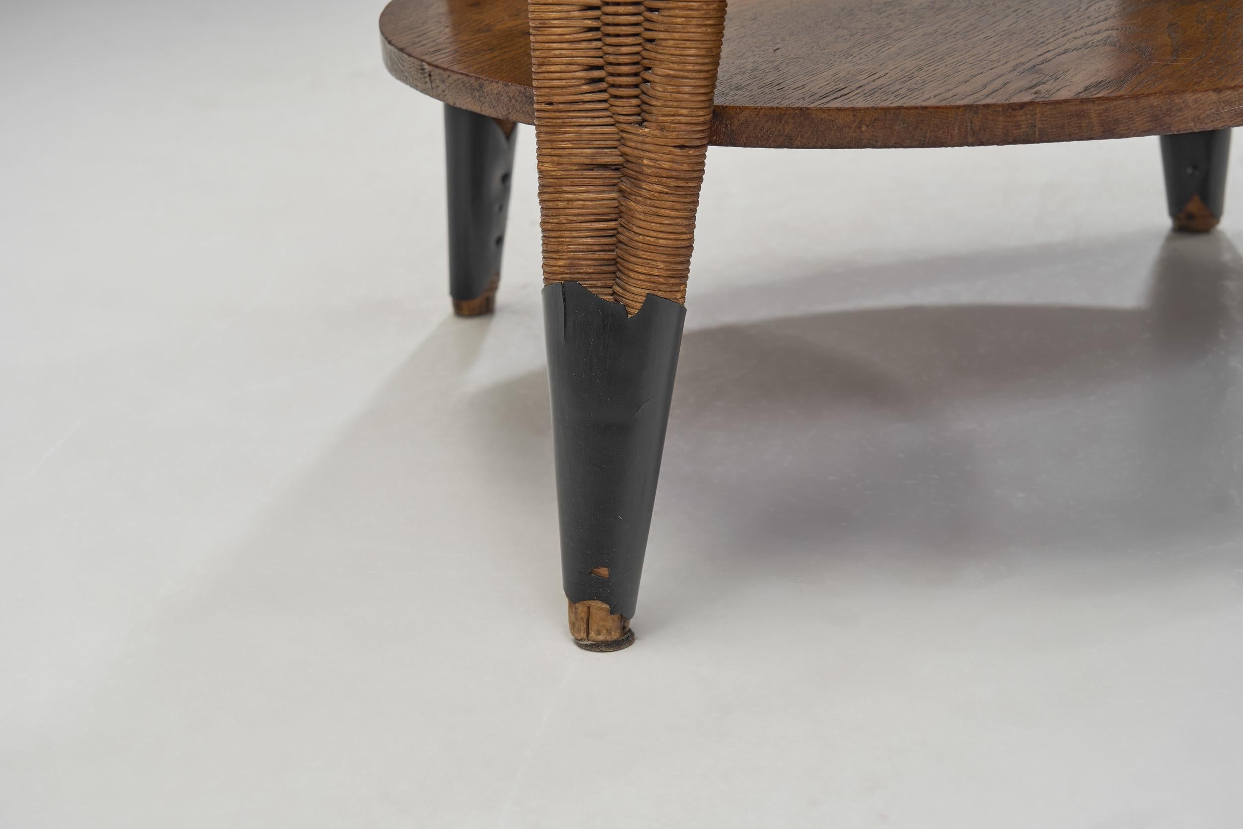 Circular Oak Coffee Table With Wicker Legs, Europe 20th Century 8