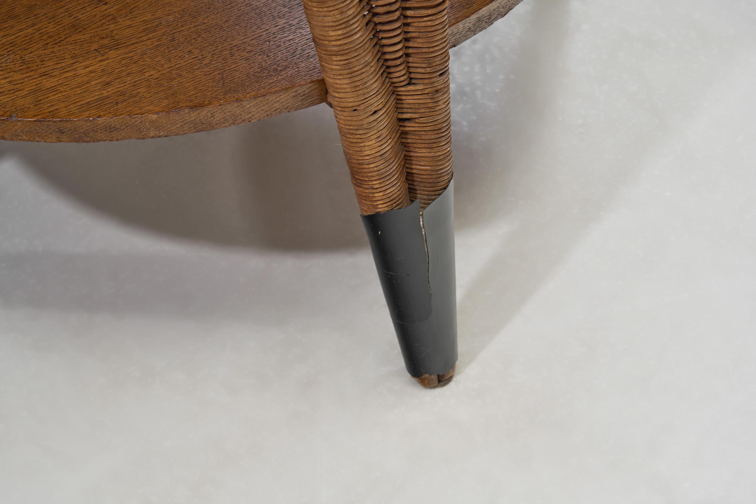 Circular Oak Coffee Table With Wicker Legs, Europe 20th Century 9