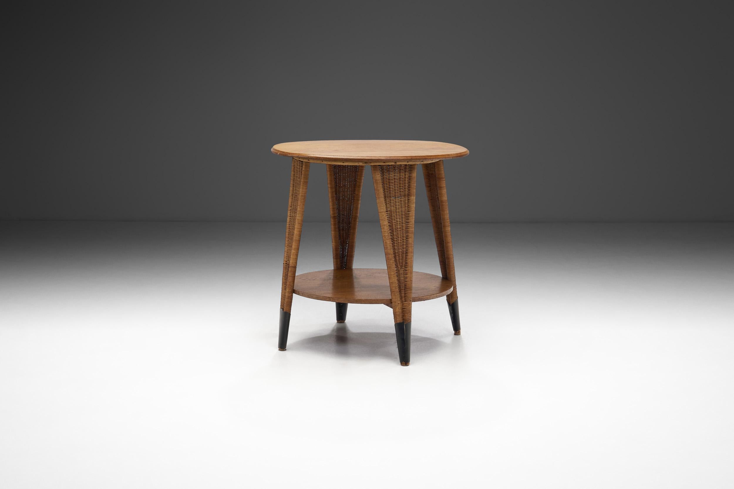 Mid-Century Modern Circular Oak Coffee Table With Wicker Legs, Europe 20th Century