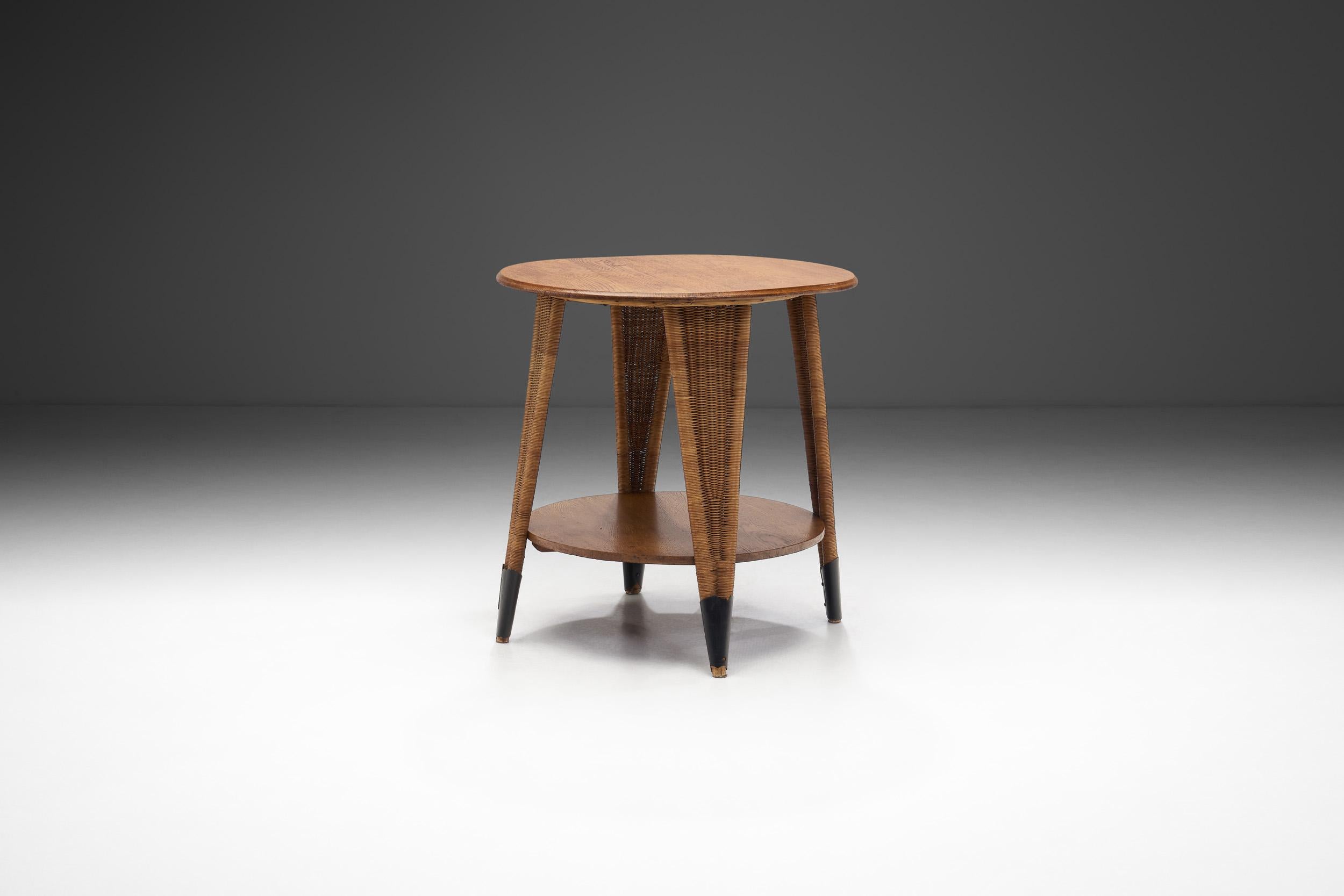 European Circular Oak Coffee Table With Wicker Legs, Europe 20th Century