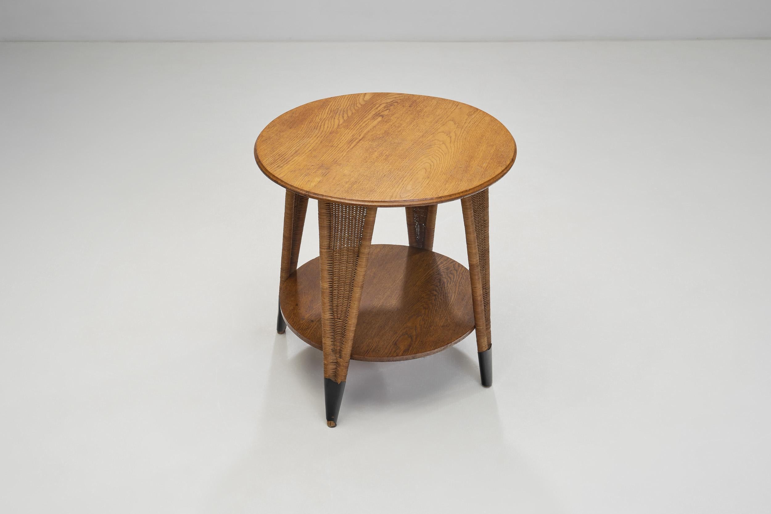 Circular Oak Coffee Table With Wicker Legs, Europe 20th Century 1