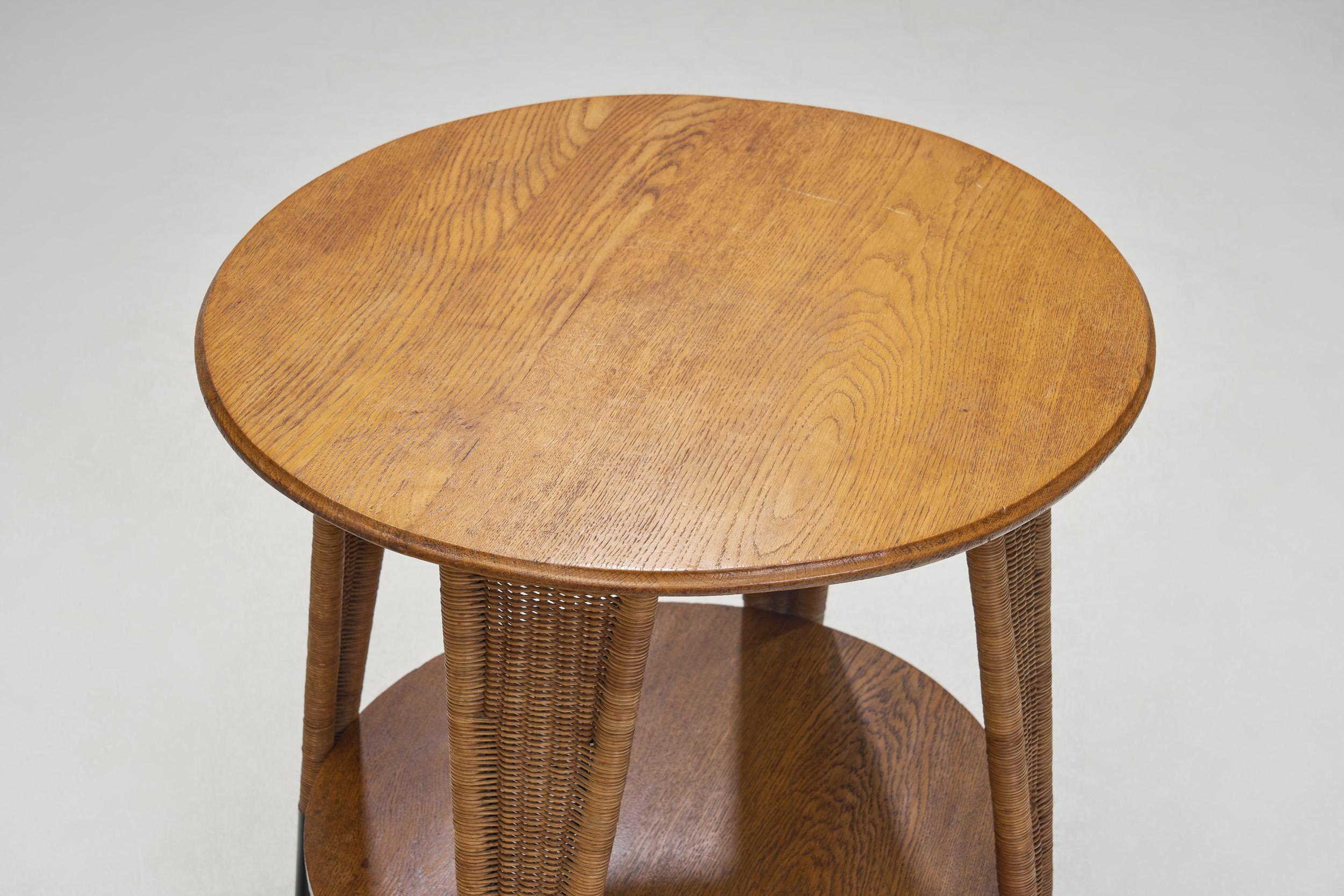 Circular Oak Coffee Table With Wicker Legs, Europe 20th Century 2
