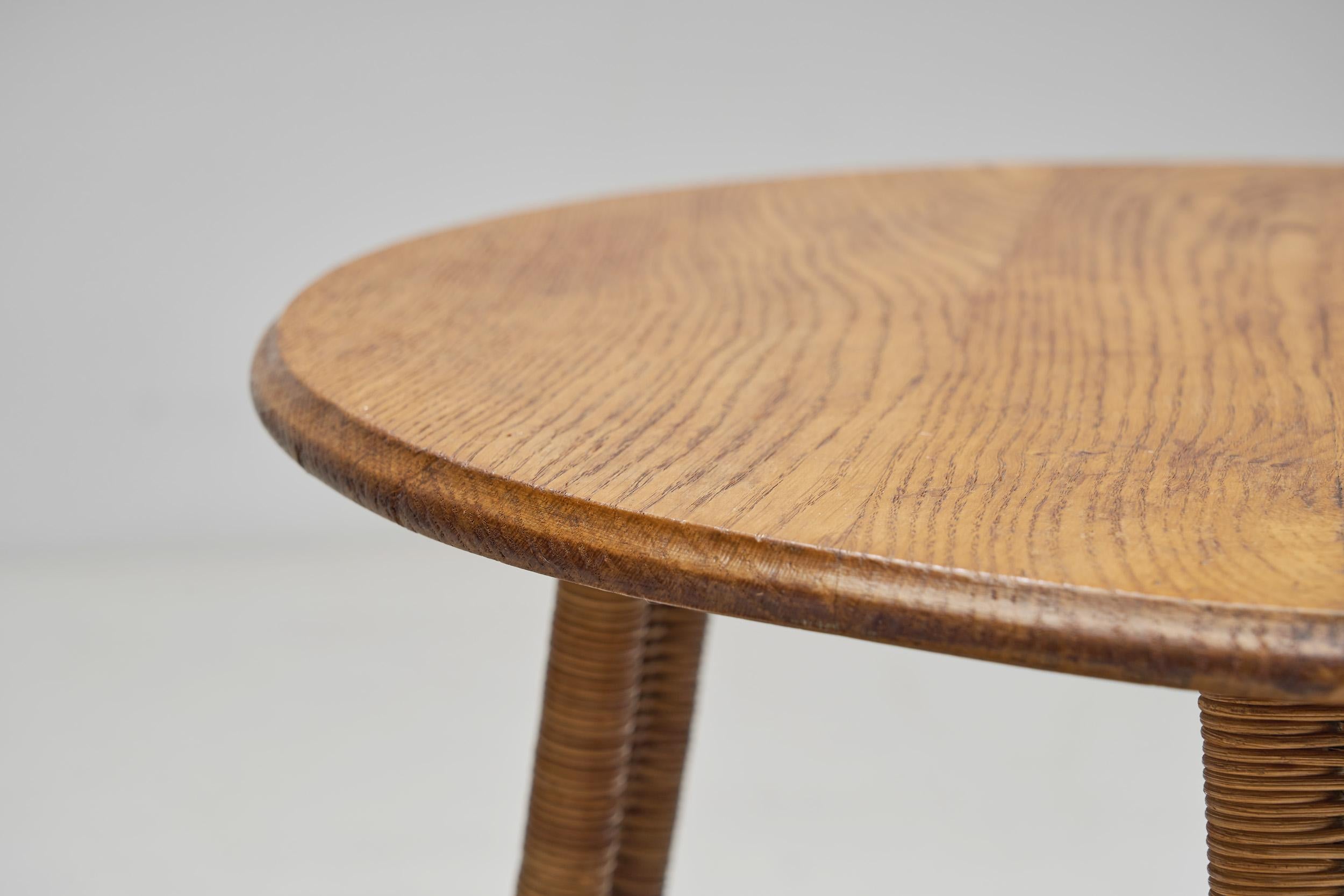 Circular Oak Coffee Table With Wicker Legs, Europe 20th Century 4