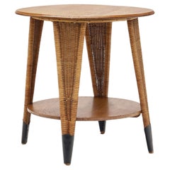 Vintage Circular Oak Coffee Table With Wicker Legs, Europe 20th Century