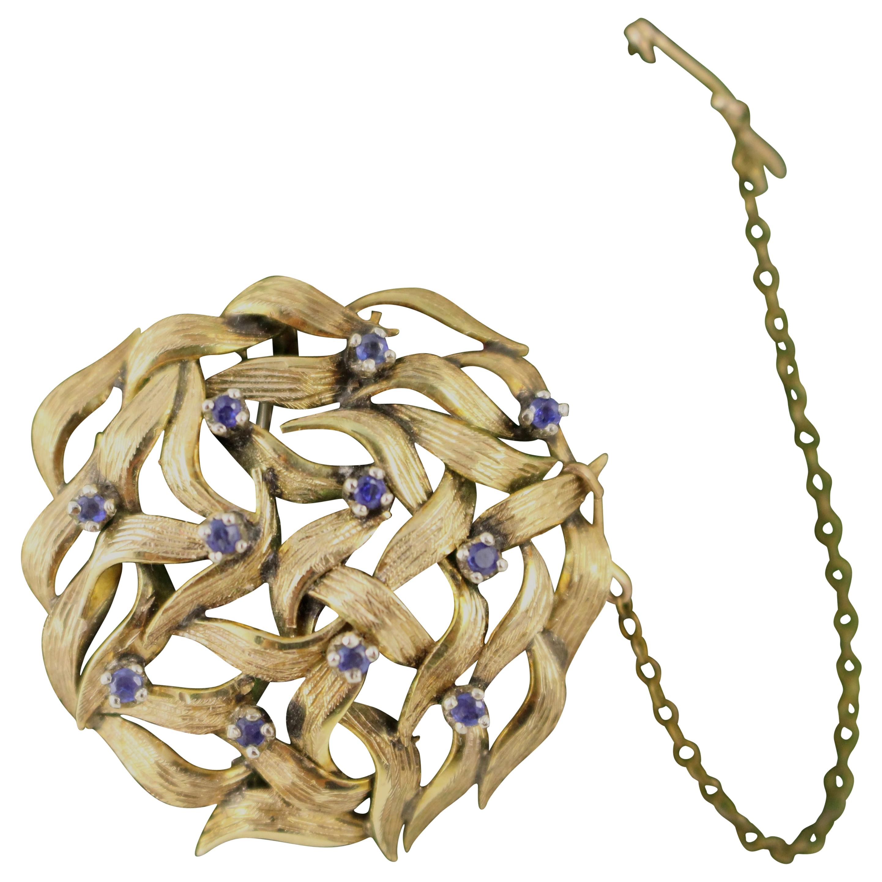 Circular Openwork Sapphire Set of 14-Carat Gold Brooch For Sale