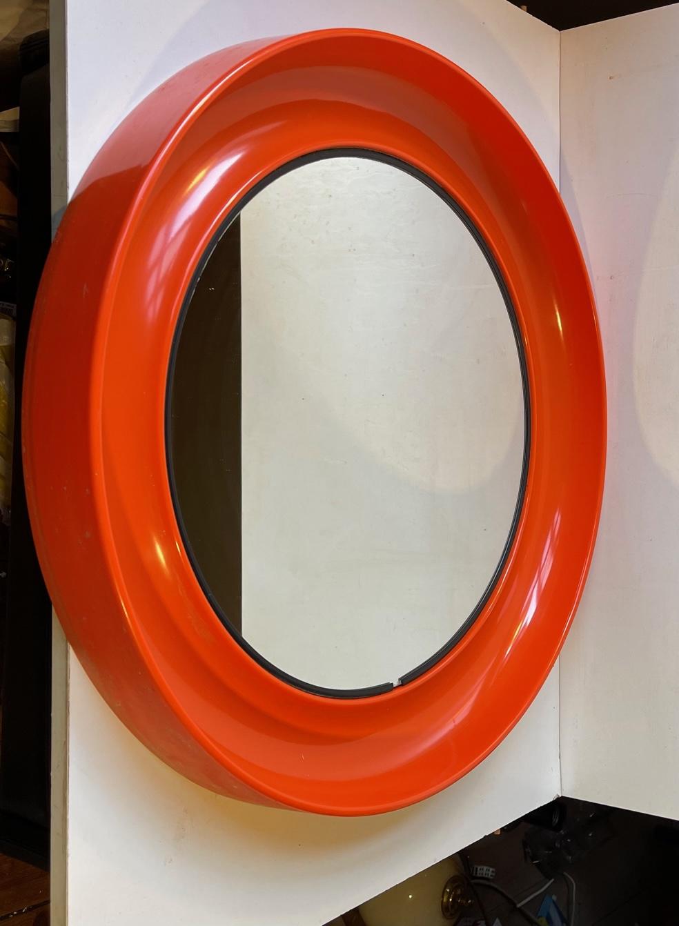 Scandinavian Modern Circular Orange Space Age Wall Mirror, Danish 1970s