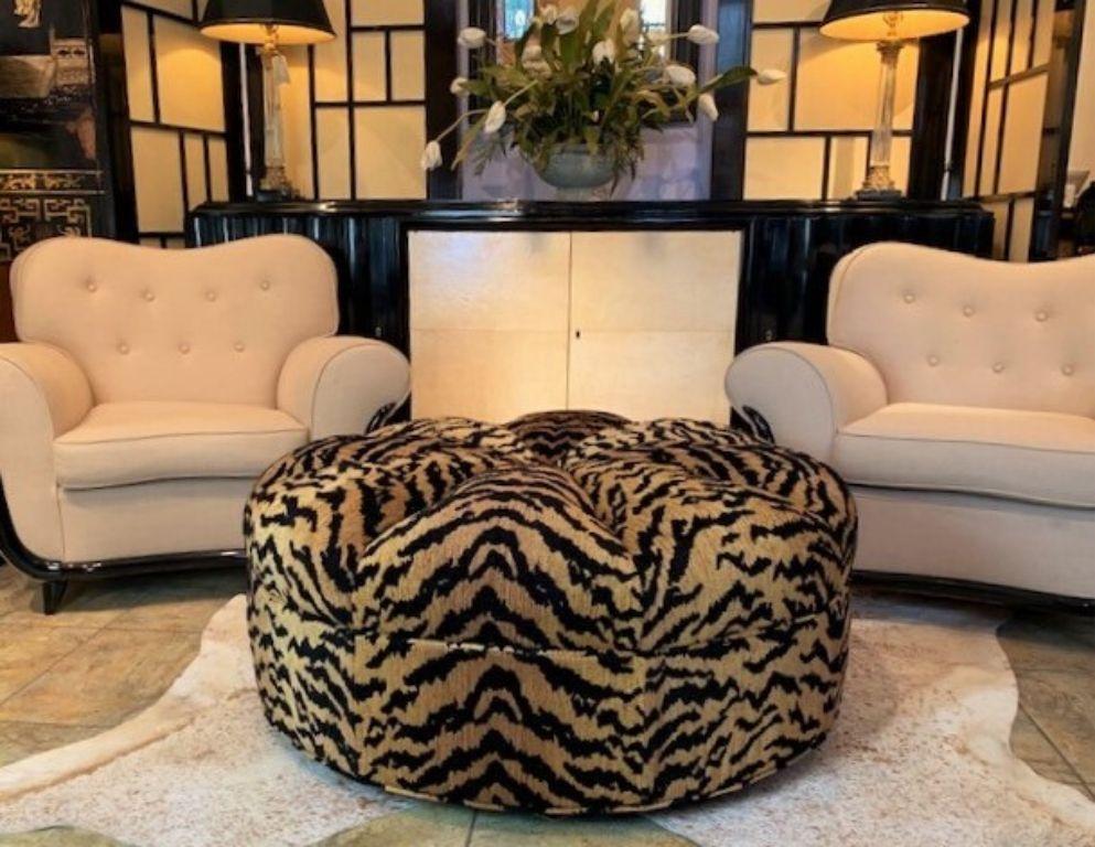 Wood Circular Ottoman in Italian Designer Silky Tiger Woven Heavy Chenille