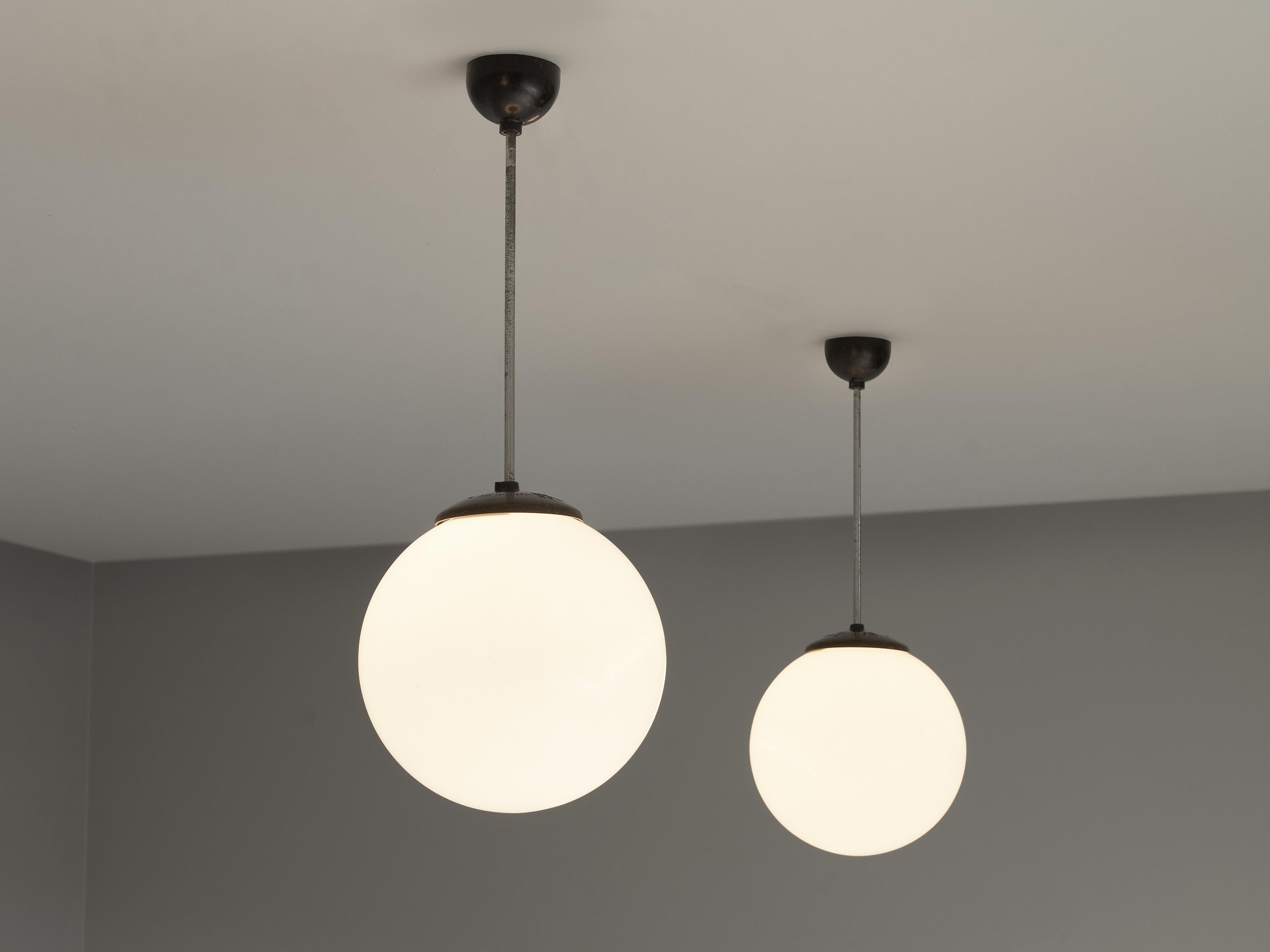 European Circular Pendant Lamps in White Opaque Glass For Sale