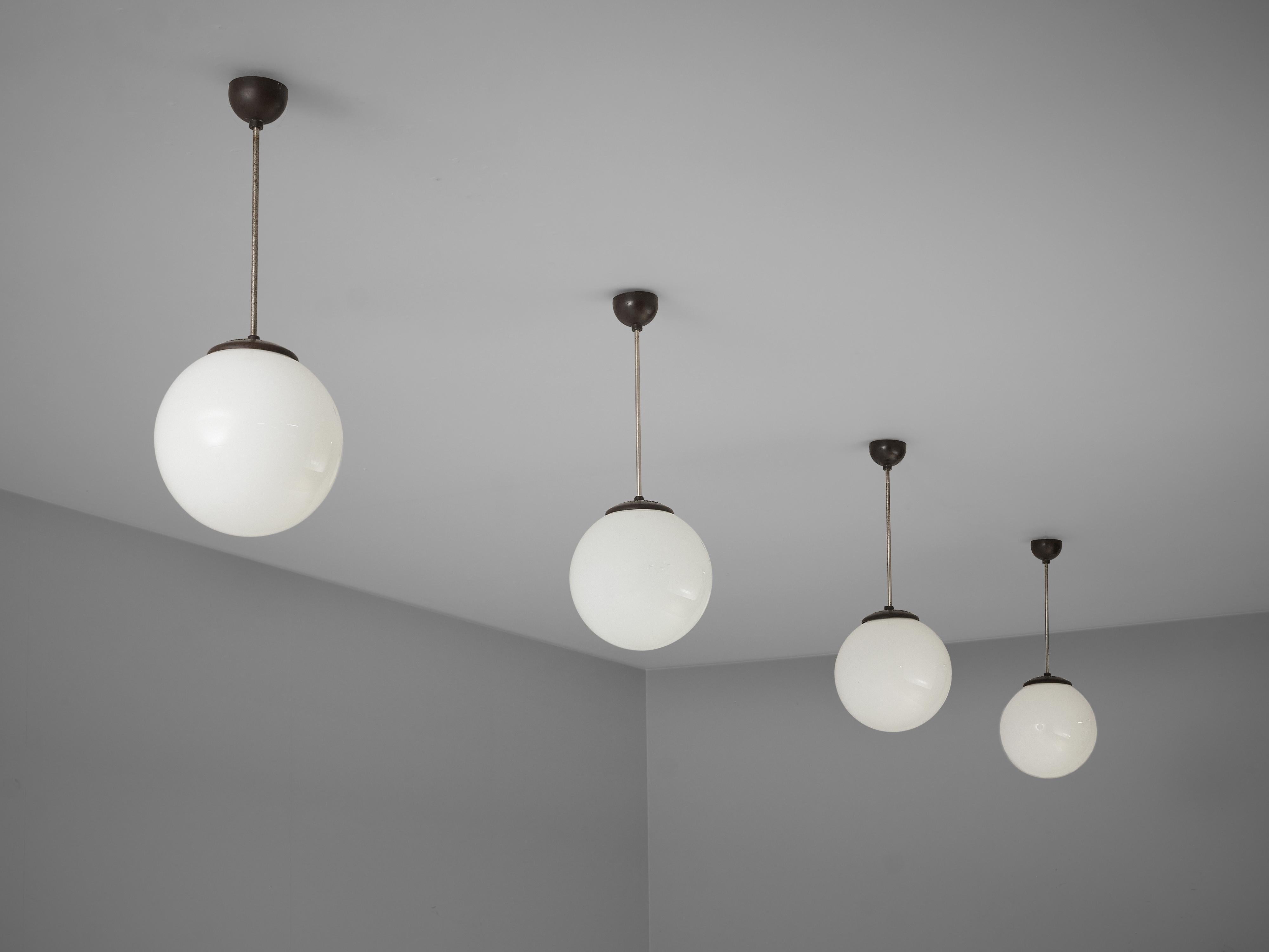 Metal Circular Pendant Lamps in White Opaque Glass For Sale