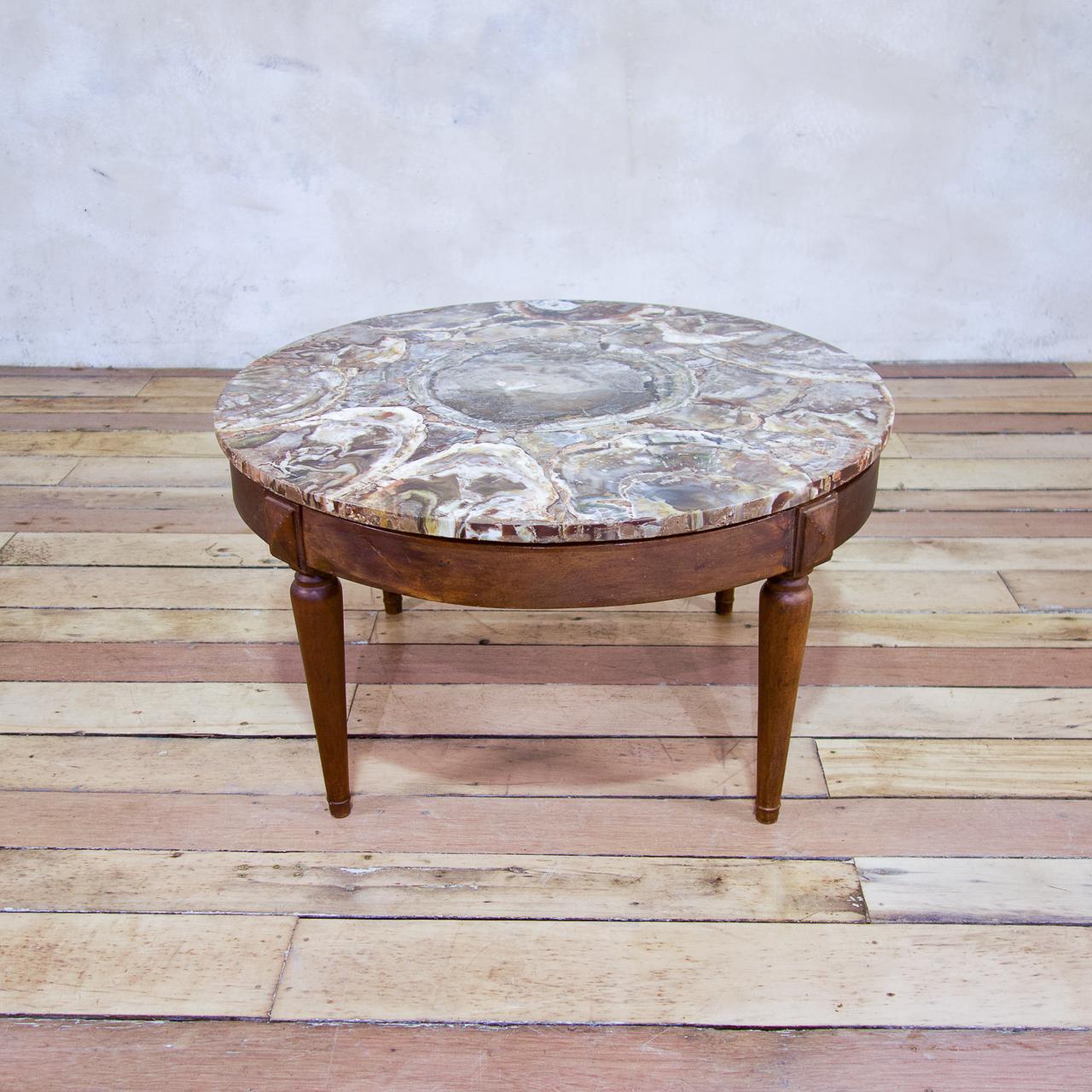 European A 19th Century Small Circular Walnut Petrified Wood Low Coffee Table - Fossil 