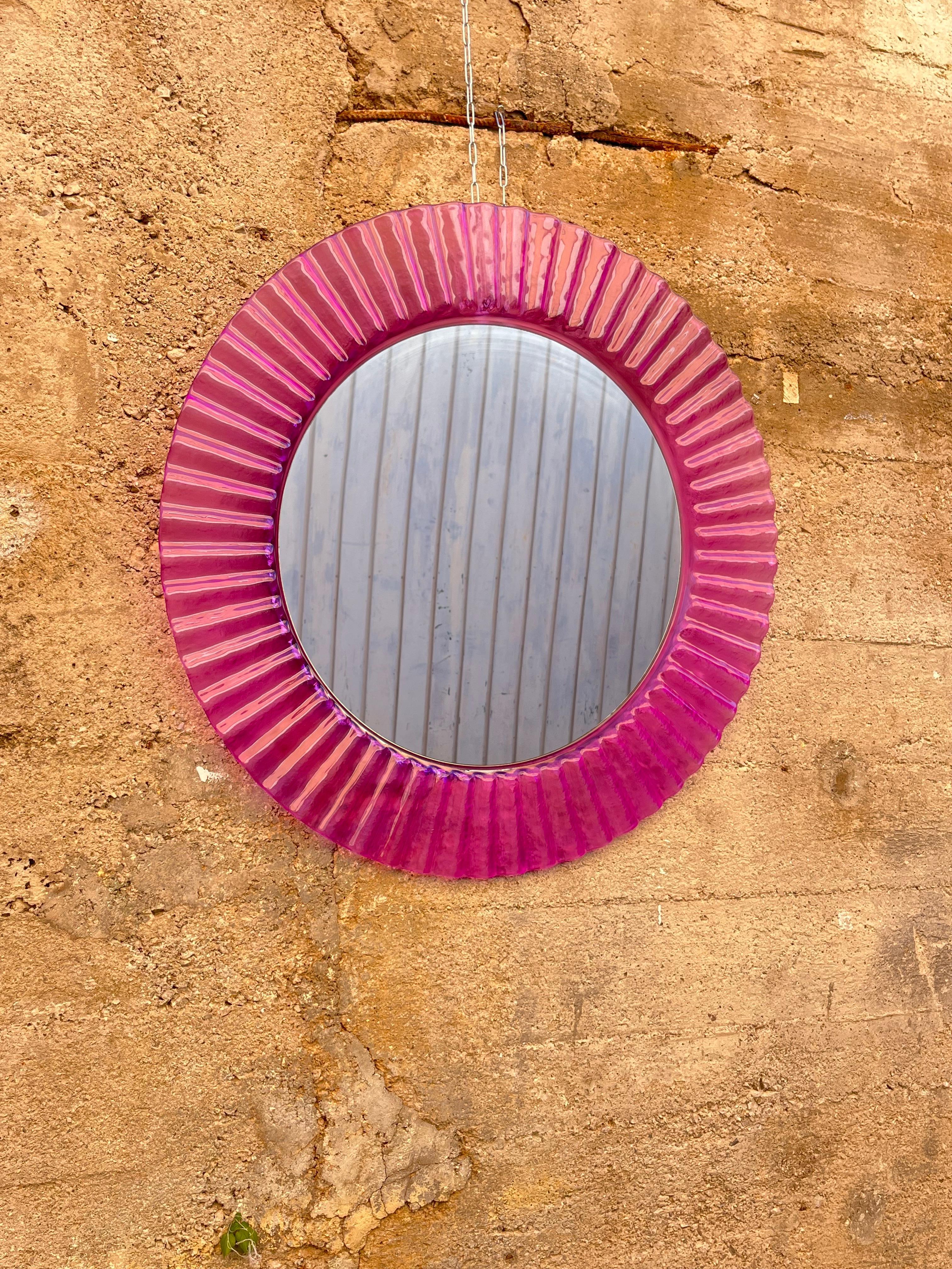 Circular Purple Acrylic Wall Mirror 1970s, Old Warehouse Stock For Sale 5