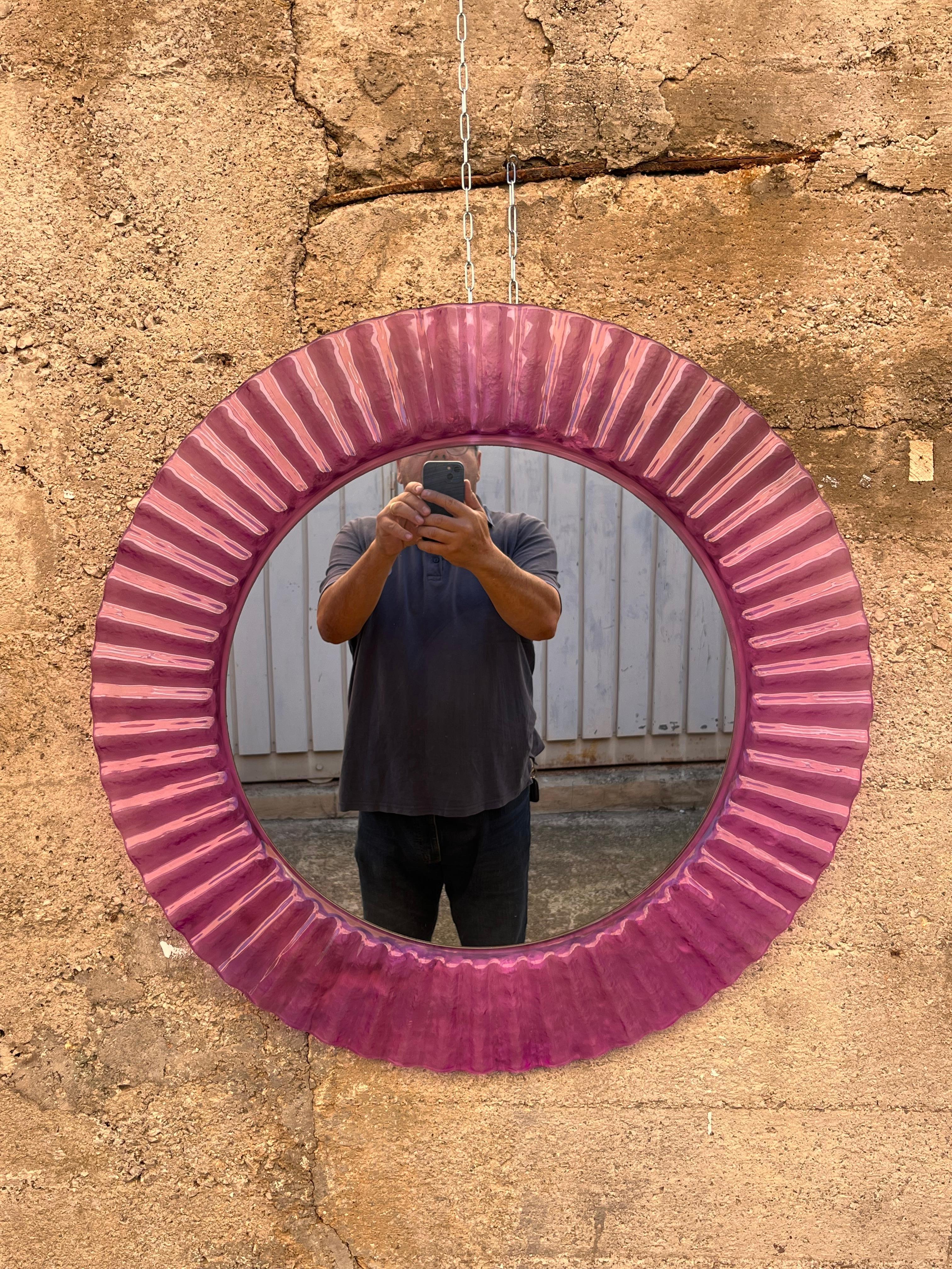 Circular Purple Acrylic Wall Mirror 1970s, Old Warehouse Stock For Sale 6