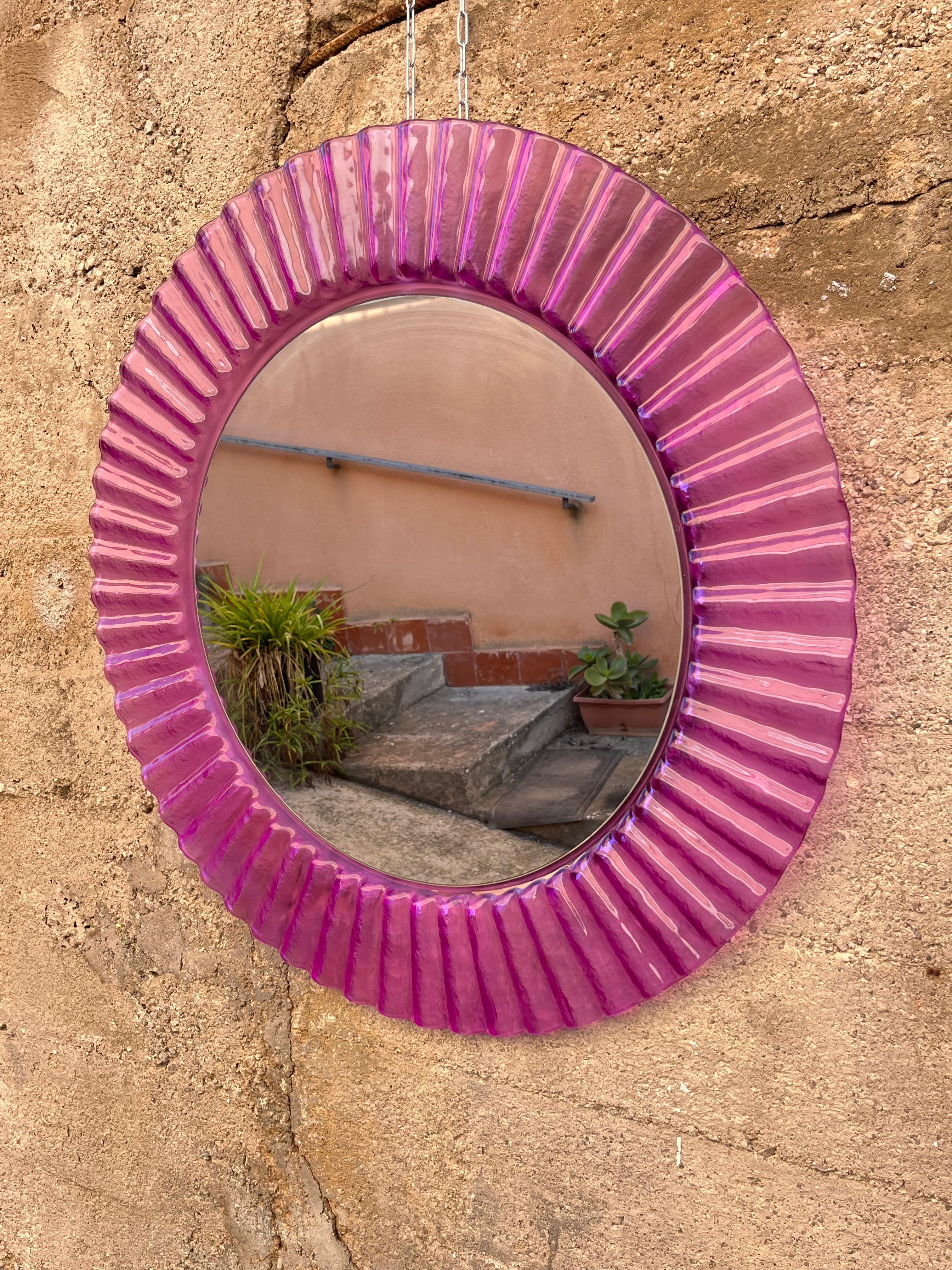 Circular Purple Acrylic Wall Mirror 1970s, Old Warehouse Stock For Sale 7