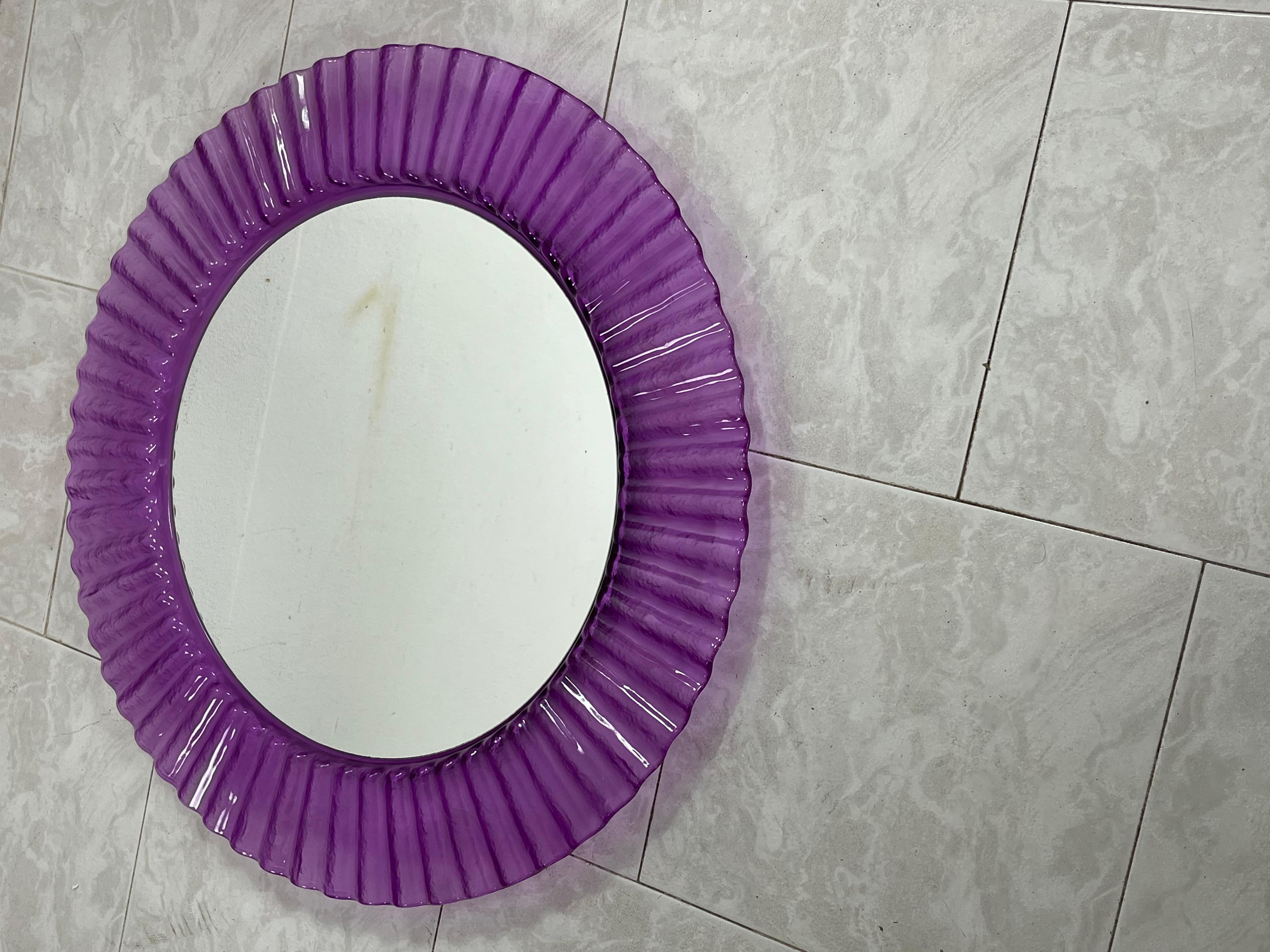 Italian Circular Purple Acrylic Wall Mirror 1970s, Old Warehouse Stock For Sale